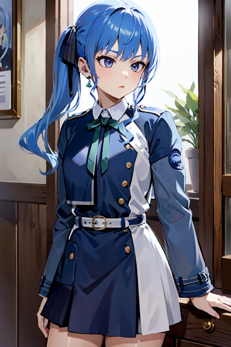 masterpiece, best quality,
vivid colors,
 <lora:kindred_spirits_v5:0.1> kd_vnstyle
 <lora:add_detail:-1>
1girl , (solo),
("        ")
blue hair,
"  ",
braids,
(military uniform:1.35)
office,
comedy, funny,