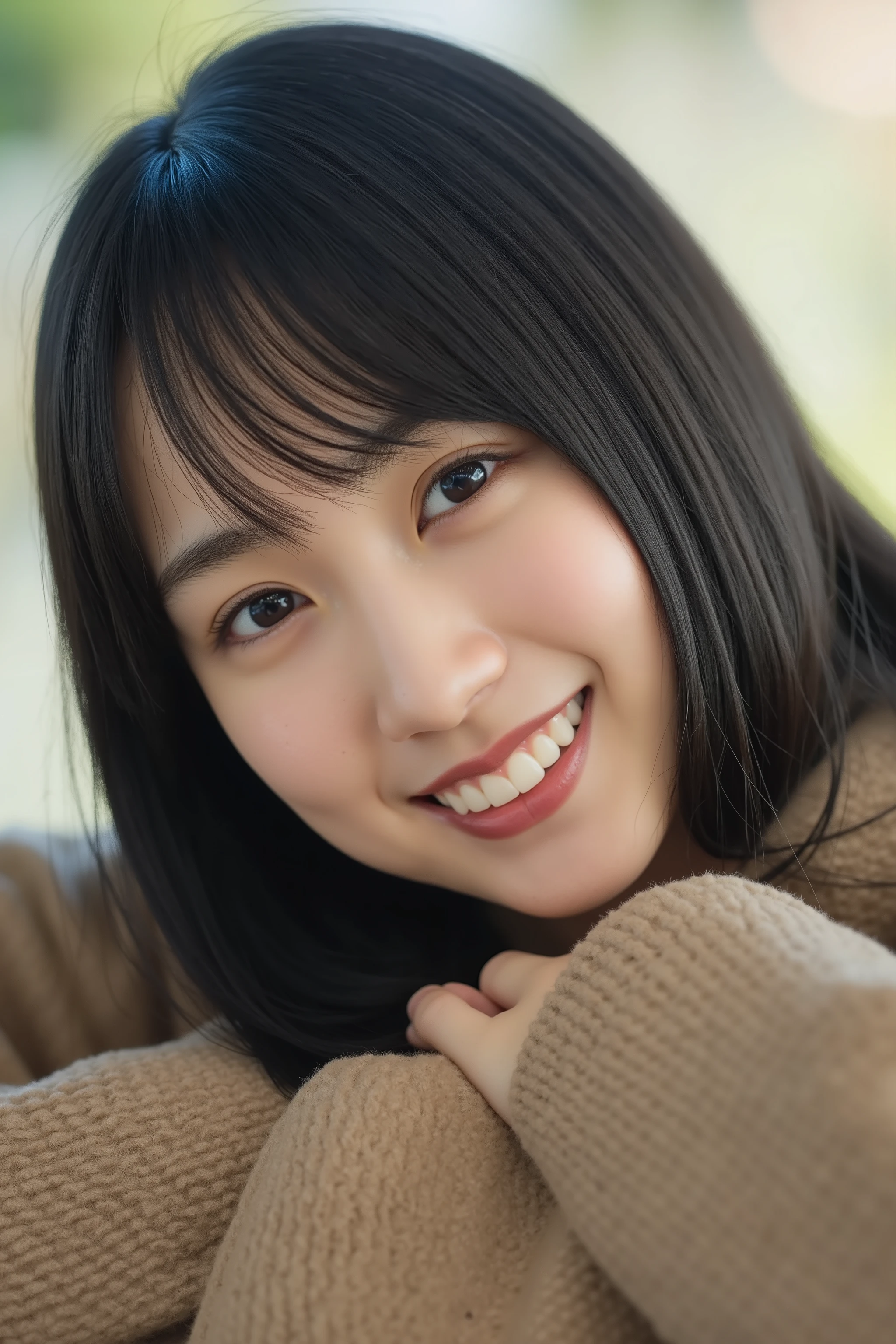 a high resolution photograph of a Japanese young woman, (masterpiece, best quality), Intricate details, extremely detailed, ultra high definition, 8k, film grain, lens flare glow, sharp focus, professional lighting, profile, solo, 1girl, Kaki Haruka, straight long shiny black hair with bangs, smile, teeth, cute, looking at the viewer, seductive, beautiful, detailed face, detailed eyes, sophisticated nose, (detailed clothes features),