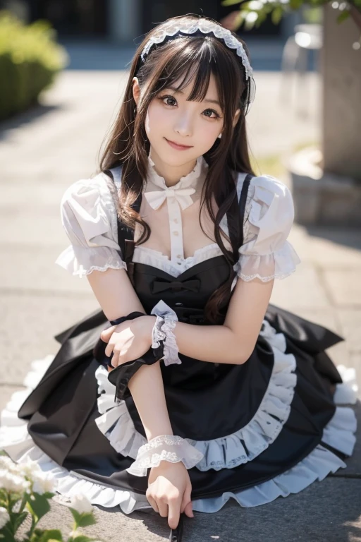Akihabara、maid、mini skirt、long hair、sit、thighs、smile、Gothic Lolita、headband