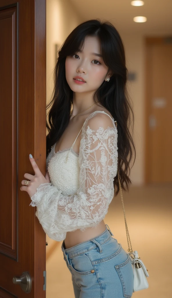 1 a thai cute girl ,white wet pajamas lace, mini lace short skirt,mini earrings,mini necklace,she wearing slippers,she sitting, ponytail,big white ribbon on her hair.she had no make up on her face,wet rain,wet shirt,Shirt wet with sweat, sexy,see through wet,she take two hands touch her hair
