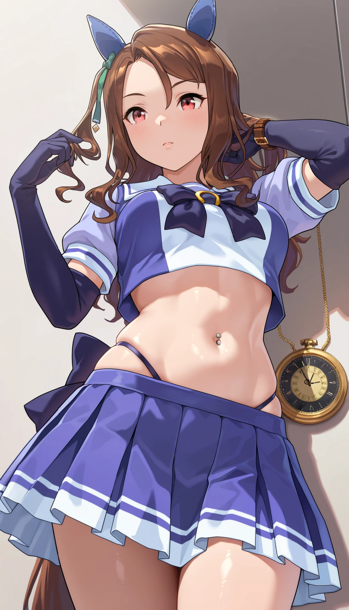 ( masterpiece), (TOP QUALITY), (Ultra High Definition), great quality, very aesthetic,  's illustration ,  perfect configuration, intricate details,  is ridiculous, incredibly  is ridiculous,  shiny skin that is creating, realistic, ,  King Halo (Uma Musume), 1 girl,  horse ears,  Mahogany, watch viewers, school uniform,, bow tie,Chest,eyeliner, long hair,big hips, elbow gloves , Hand in Hair, piercing above spo,belly button,earrings, Floral ,high leg thong, skirt