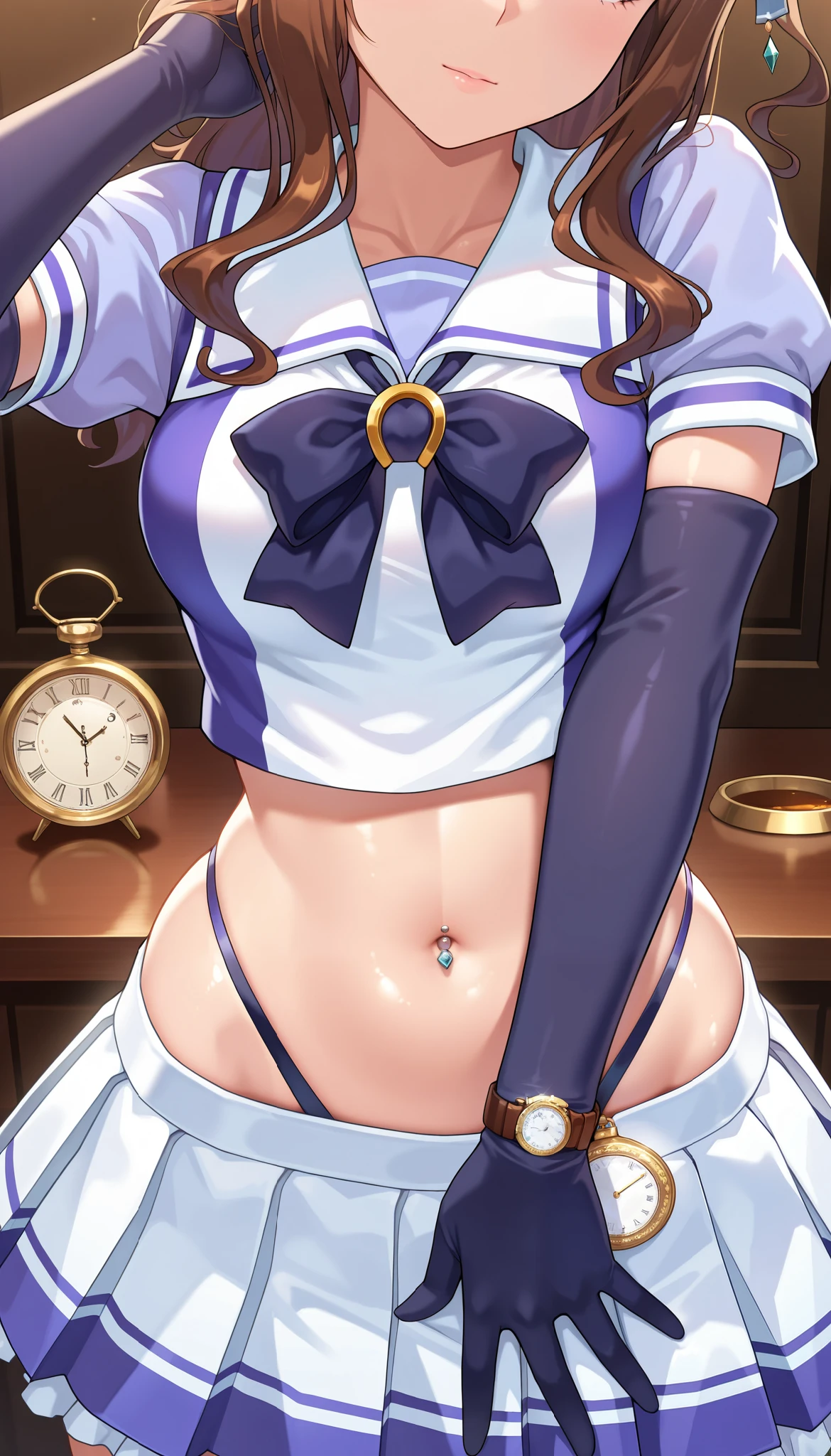 ( masterpiece), (TOP QUALITY), (Ultra High Definition), great quality, very aesthetic, 's illustration , perfect configuration, intricate details, is ridiculous, incredibly is ridiculous, shiny skin that is creating, realistic, , King Halo (Uma Musume), 1 girl, horse ears, Mahogany, watch viewers, school uniform,, bow tie,Chest,eyeliner, long hair,big hips, elbow gloves , Hand in Hair, piercing above spo,belly button,earrings, Floral ,high leg thong, skirt