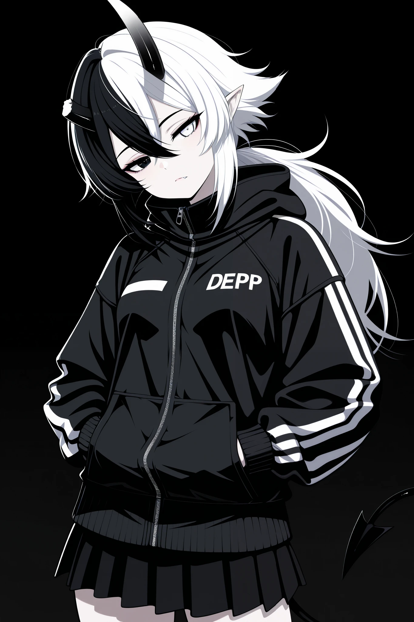 DSP, artist:DSP, okegom art style, flat illustration, flat character, cartoon, minimalist art, masterpiece, best quality, amazing quality, absurd res, newest, very aesthetic, portrait, 1girl, solo, short height girl, split black and white hair colors, two-tone hair, shoulder-length hair, spiked shaggy hair, hair between eyes, long low ponytail, complete heterochromia, different eye colors, (black eye with white pupil:1.2), (white eye with black pupil:1.2), pointed ears, fang, pale skin, small breasts, dark grey demon horns, one broken horn, dark grey demon tail, black turtle neck jacket, short pleated black skirt, hands in jacket pockets, head tilt, bored expression, half-closed eyes, closed mouth, close-up, solid color background, black background, facing viewer, dutch angle