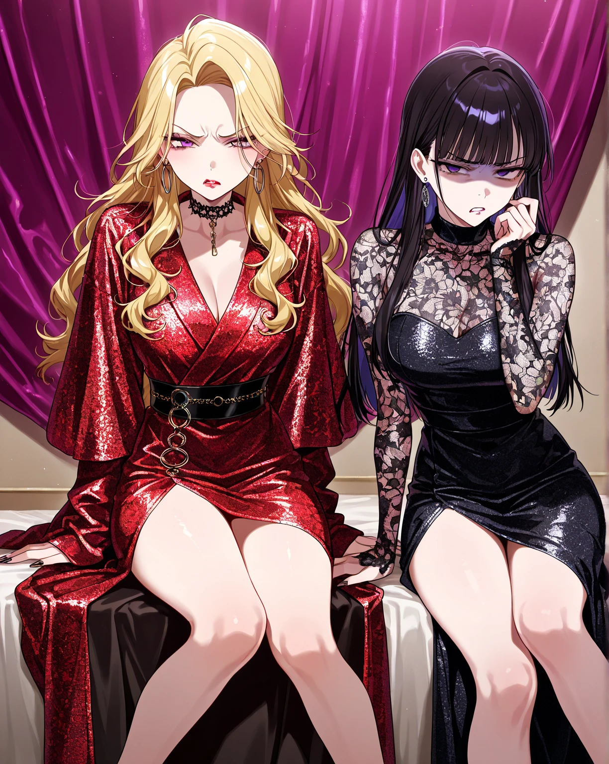 women, long black hair with purple streaks, dark crimson eyes, long nails painted purple, 2 collections, flirtatious smile, Broad smile, bright smile, black overall skirt and a purple blouse with lace edging the neckline, (round lenses), sitting in an armchair in a room drinking tea.