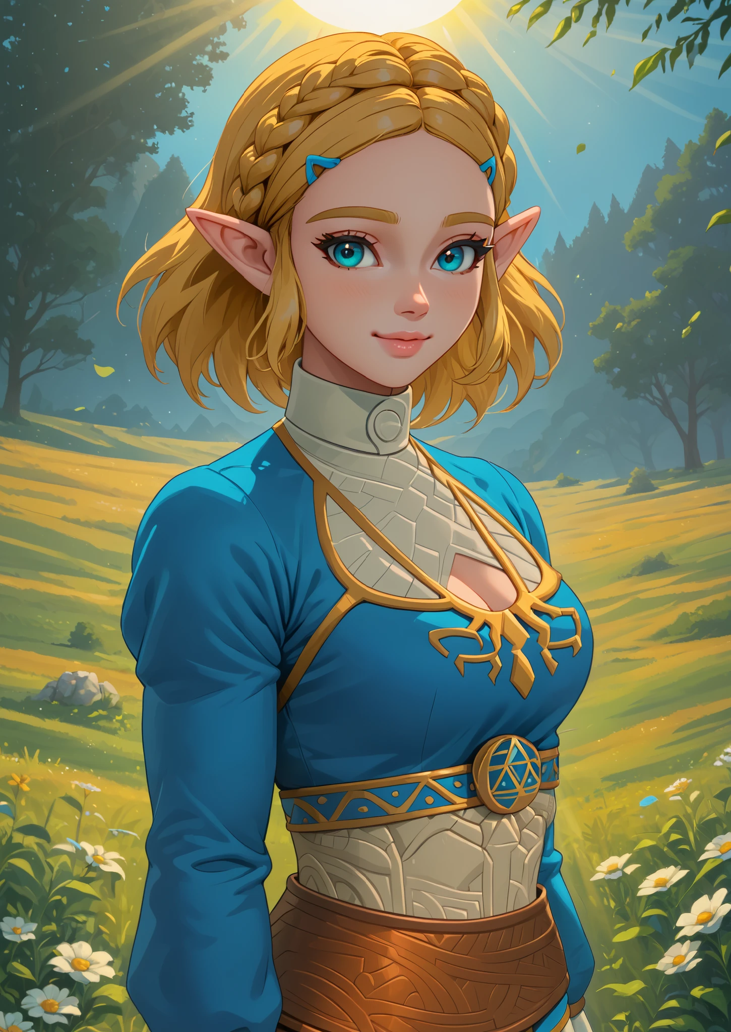 ((princess zelda)), ((botw style)), ((masterpiece)), ((high resolution)), ((solo portrait)), {(attractive figure), (yellow braided hair), (pointed elf ears), (cute blue eyes), (long eyelashes), (lush lips), (cute smile)}, {(breath of the wild outfit), (blue and white shirt), (long sleeves), (cleavage)}, {(standing), (looking at viewer)}, ((plains)), ((sun rays))