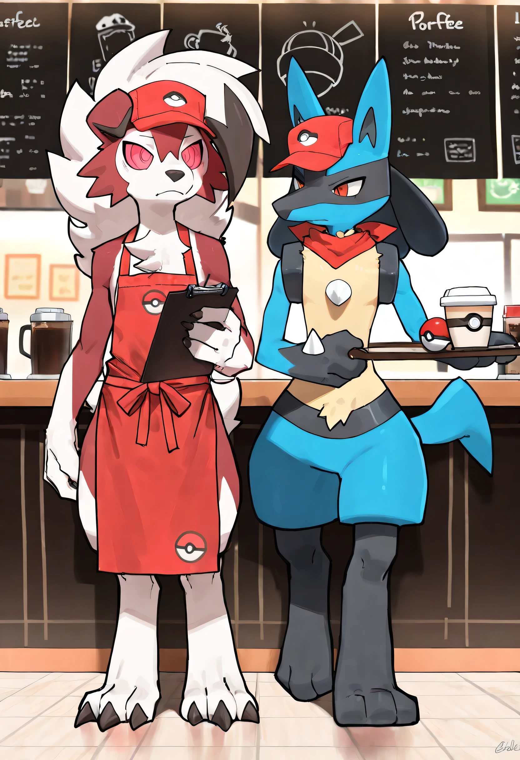 ((soft shading, 4k, hi res, detailed face, detailed, Best quality, masterpiece, detailed anatomy, detailed eyes, detailed hands with claws, detailed feet, perfect lighting, perfect shading)), by Goonie-san, by Bebebebebe, by Buta99, 2male, (Lucario, red apron with a pokeball design in the center, holding a notepad and pencil, red cap, and red neckerchief), ((on the coffee shop, side by side)), (Midnight Lycanroc, red apron with a pokeball design in the center, red cap, and red neckerchief, holding a tray with two espresso coffees)