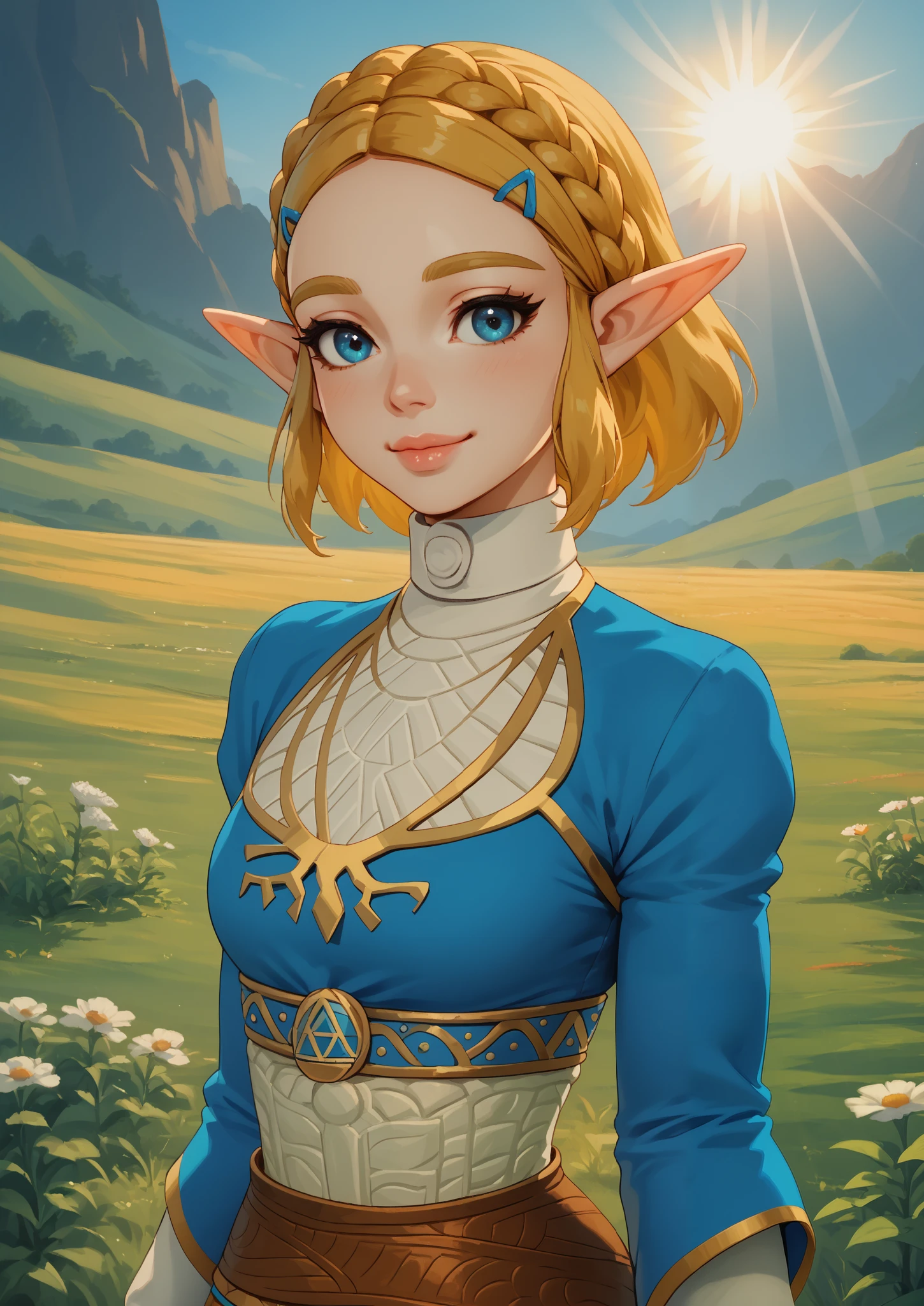 ((princess zelda)), ((botw style)), ((masterpiece)), ((high resolution)), ((solo portrait)), {(attractive figure), (yellow braided hair), (pointed elf ears), (cute blue eyes), (long eyelashes), (lush lips), (cute smile)}, {(breath of the wild outfit), (blue and white shirt), (long sleeves), (cleavage)}, {(standing), (looking at viewer)}, ((plains)), ((sun rays))
