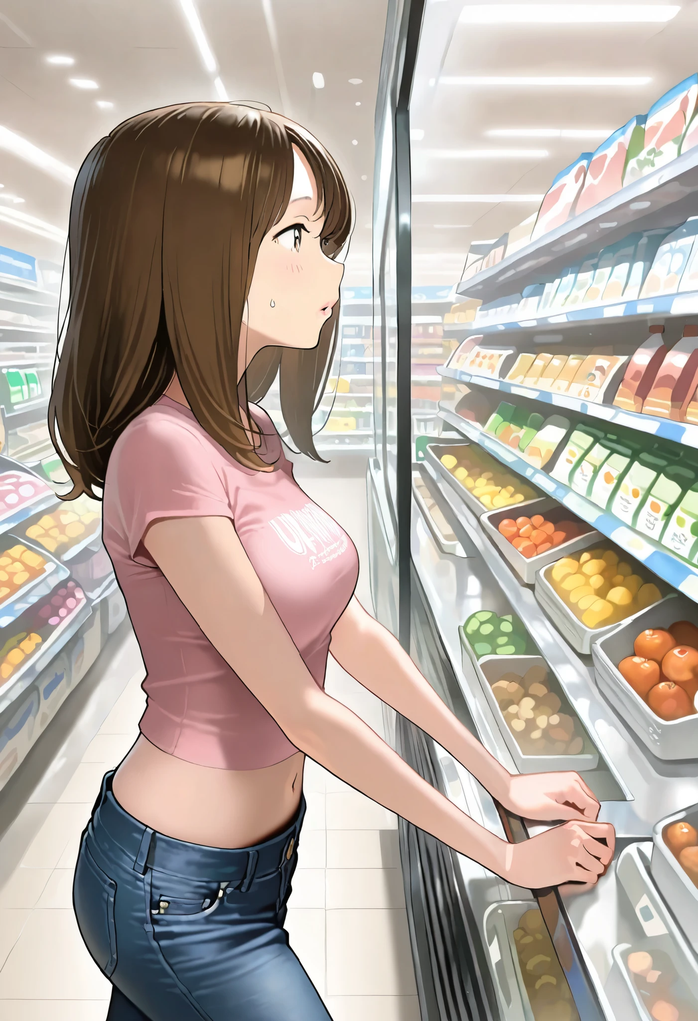 cute girl, 1girl, solo, mature woman, slender body, brown hair, medium hair, brown eyes, undersized t-shirt, skinny denim pants, midriff, walking in grocery store, medium breasts, shopping, from side, girl focus, , ultra detailed, highres, general, masterpiece, best quality, amazing quality, very aesthetic, absurdres, newest,