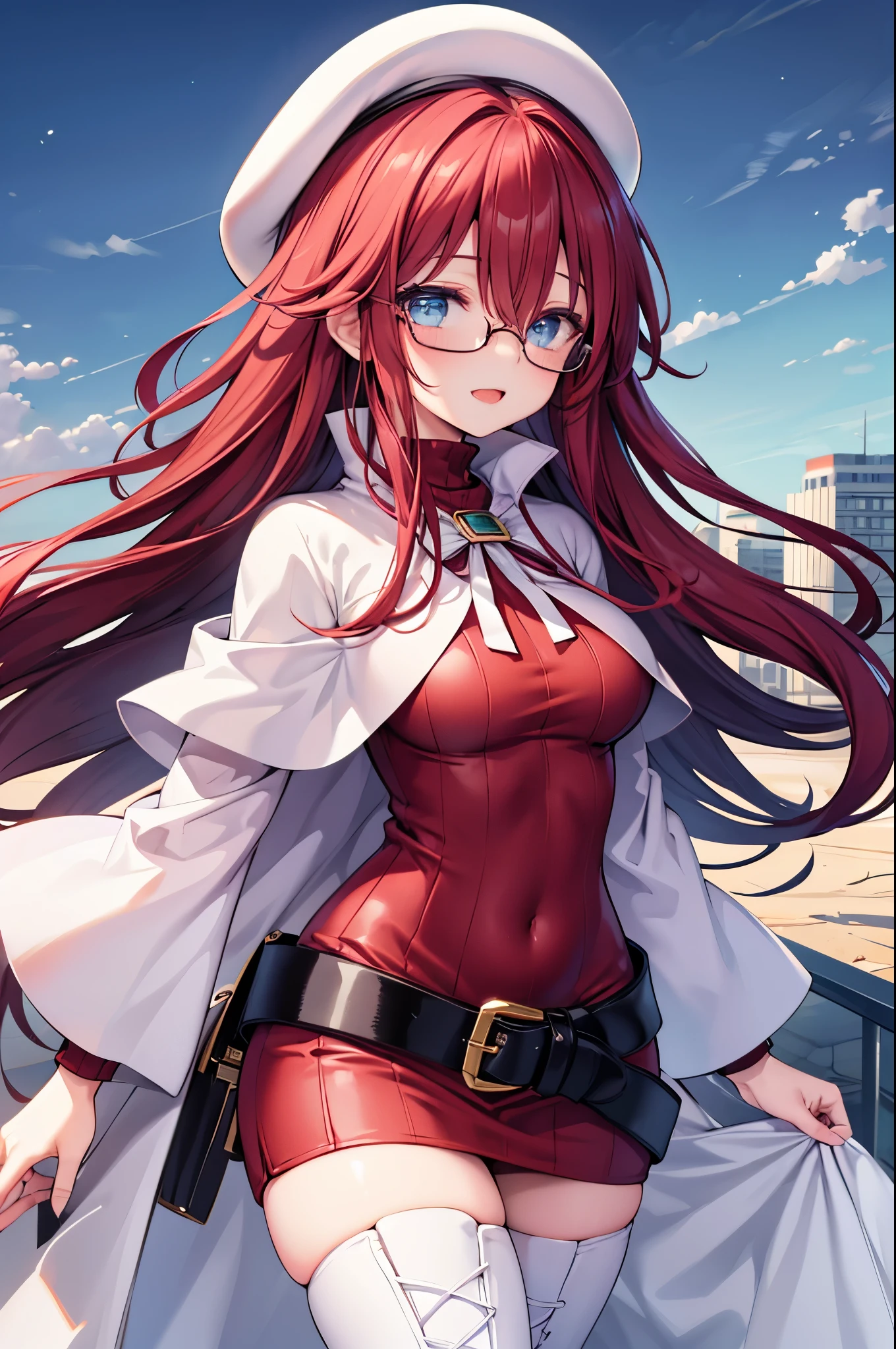 summonnightaty, aty, long hair, blue eyes, red hair, beret, hat, glasses,
BREAK long hair, thighhighs, hat, dress, boots, glasses, belt, cape, sweater, zettai ryouiki, beret, thigh boots, white footwear, ribbed sweater, loose belt,solo,
BREAK outdoors, fantasy_town,
BREAK (masterpiece:1.2), best quality, high resolution, unity 8k wallpaper, (illustration:0.8), (beautiful detailed eyes:1.6), extremely detailed face, perfect lighting, extremely detailed CG, (perfect hands, perfect anatomy),covered_nipples,covered_navel,light_smile ,walking,(half_eyes:1.2),light_open_mouth,sword,armpit,sleepy,sitting_on_the_barrel,barrel,red_sweater,