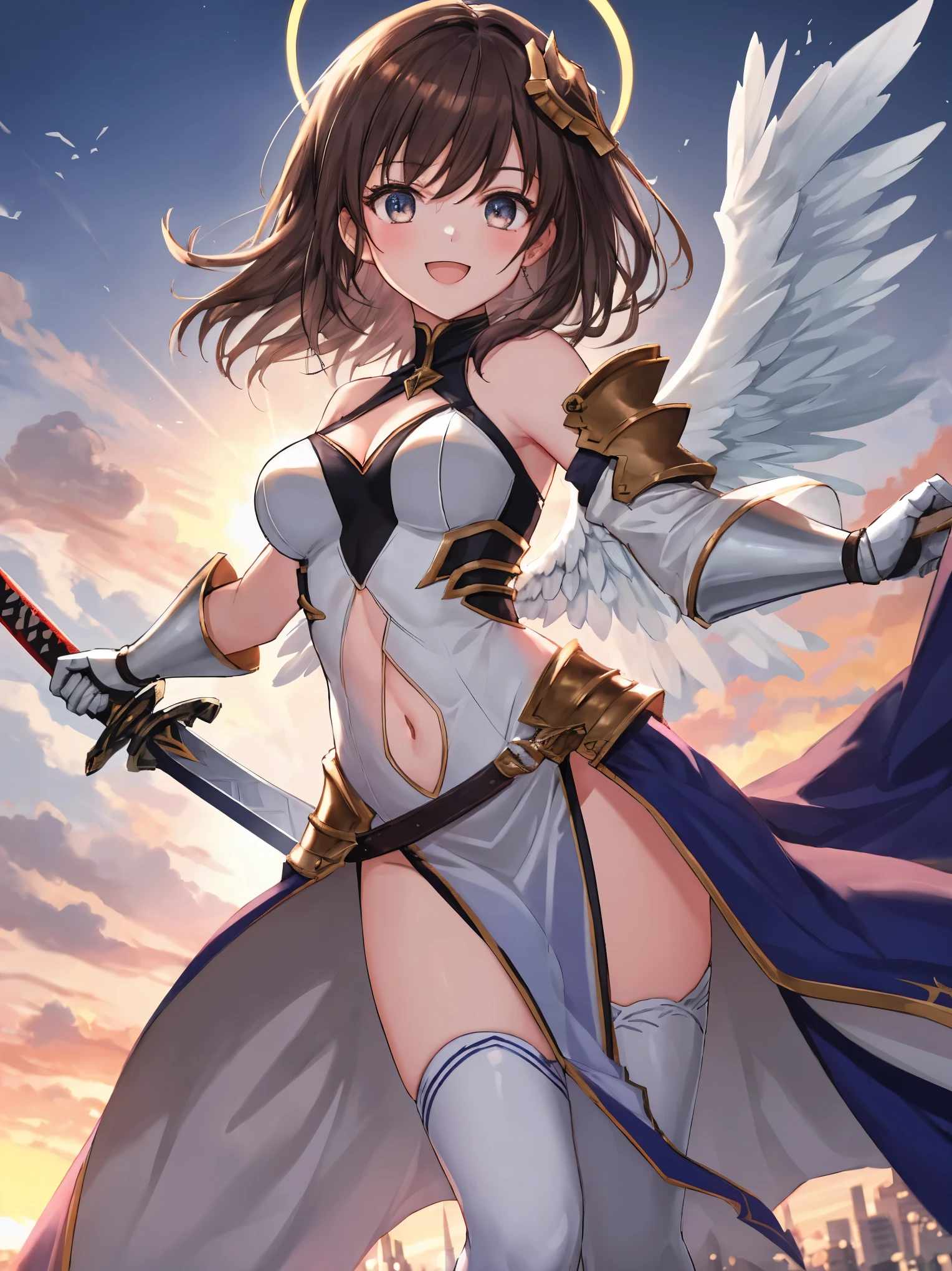 fantasy, 1angel_girl,child, ,brown_hair, medium_bob_hair, long_bangs, halo,bare_shoulder,thighhighs,silver_armor, waist_armor, large_breasts,angry,grinning,open_mouth_teeth, 1pair_wings, dynamic_pose_fighting,floating, bare_crotch, headgear,gauntlet, greaves,city_sky_background,slightly_spread_legs, solo, groin_naked,dark_skin,