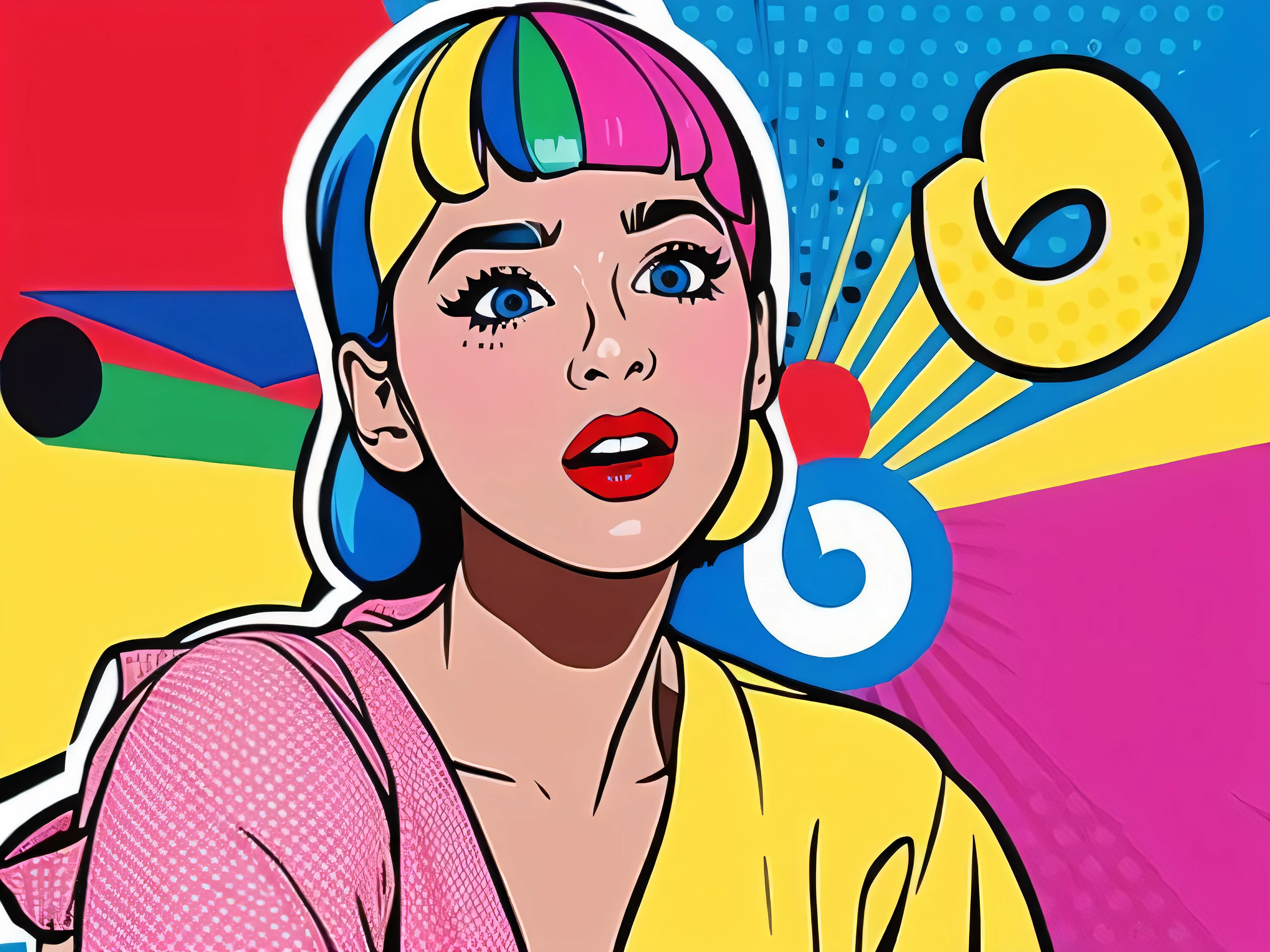 corpo de frente vestido fechado de formatura e capelo de escola uma mulher com um olhar surpreso no rosto, a arte pop painting inspired by Lichtenstein, Pixabay, arte pop, arte digital em quadrinhos, surprised expression, arte pop cartoon style, lowbrow arte pop style, arte pop poster, gritando cara de modelo de moda, pop - estilo de arte, large speech bubble next to the mouth
