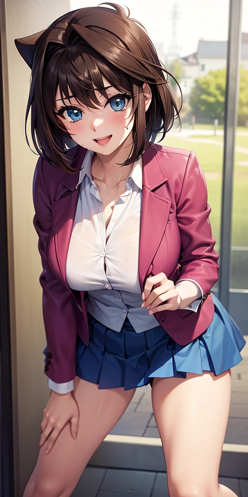 masutepiece、​masterpiece、top-quality、Beautuful Women、Extraordinary beauty、White shirt、Short pleated skirt、Crab crotch pose、panthyhose、neck tie、Colossal tits、teats、short-cut、A dark-haired、Nasty smile、beauty legs、1人の女性、full of sweat、red blush、Wearing my daughter's uniform、Pink rotor in the crotch