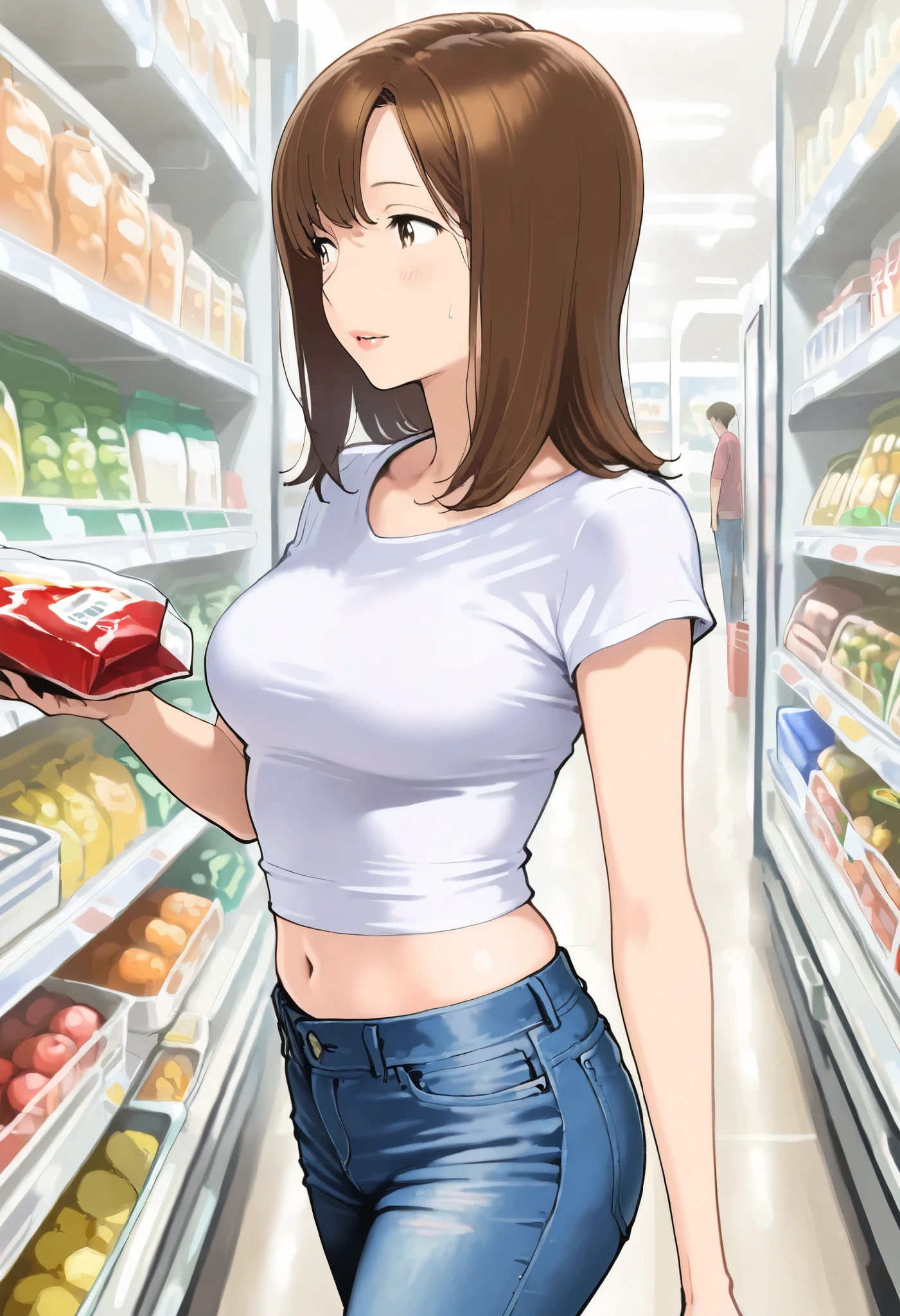 cute girl, 1girl, solo, mature woman, slender body, brown hair, medium hair, brown eyes, undersized t-shirt, skinny denim pants, midriff, walking in grocery store, medium breasts, shopping, from side, girl focus, , ultra detailed, highres, general, masterpiece, best quality, amazing quality, very aesthetic, absurdres, newest,