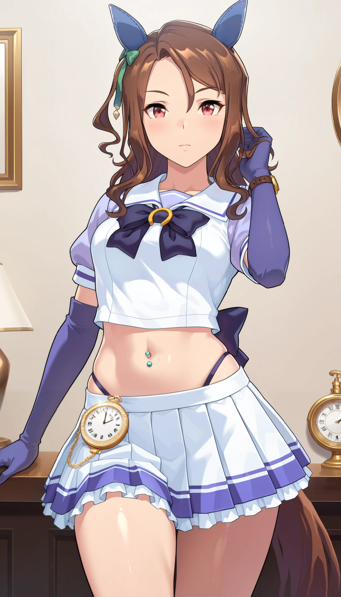 ( masterpiece), (TOP QUALITY), (Ultra High Definition), great quality, very aesthetic, 's illustration , perfect configuration, intricate details, is ridiculous, incredibly is ridiculous, shiny skin that is creating, realistic, , King Halo (Uma Musume), 1 girl, horse ears, Mahogany, watch viewers, school uniform,, bow tie,Chest,eyeliner, long hair,big hips, elbow gloves , Hand in Hair, piercing above spo,belly button,earrings, Floral ,high leg thong, skirt、15-year-old girl