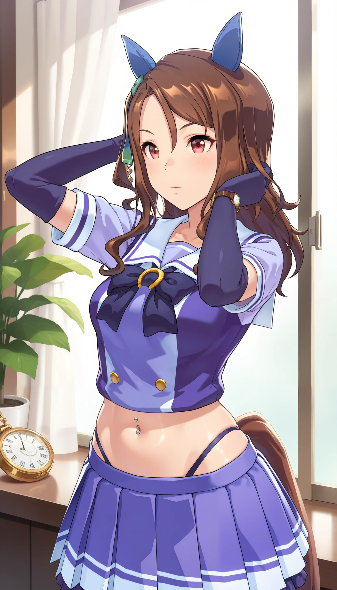 ( masterpiece), (TOP QUALITY), (Ultra High Definition), great quality, very aesthetic, 's illustration , perfect configuration, intricate details, is ridiculous, incredibly is ridiculous, shiny skin that is creating, realistic, , King Halo (Uma Musume), 1 girl, horse ears, Mahogany, watch viewers, school uniform,, bow tie,Chest,eyeliner, long hair,big hips, elbow gloves , Hand in Hair, piercing above spo,belly button,earrings, Floral ,high leg thong, skirt、-yeld gi