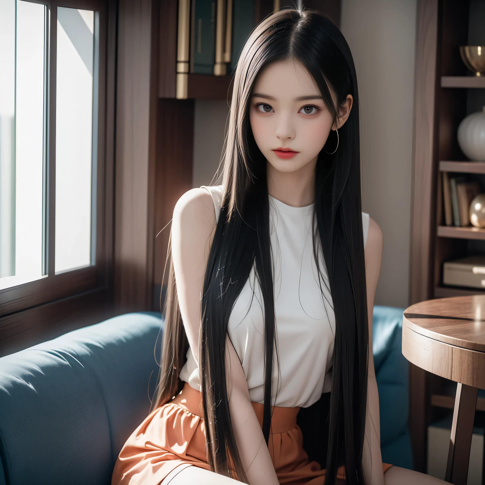 Araffe woman with long black hair sitting on a couch - SeaArt AI