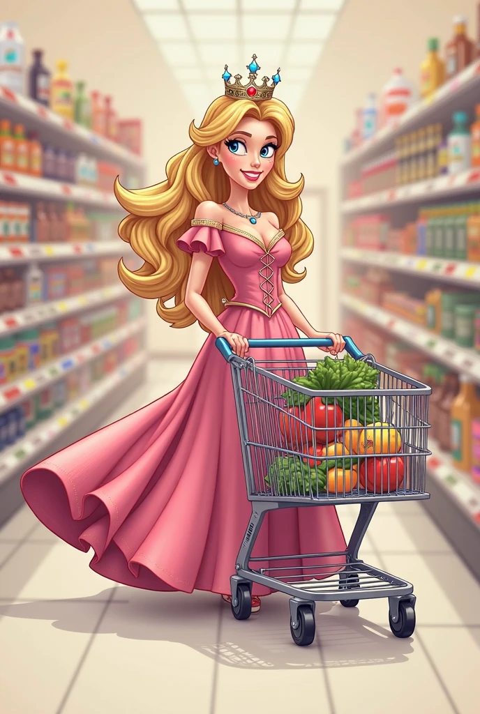  Blonde mermaid in cartoon, being happy while shopping and sitting inside a shopping cart in a department store while wearing high heels