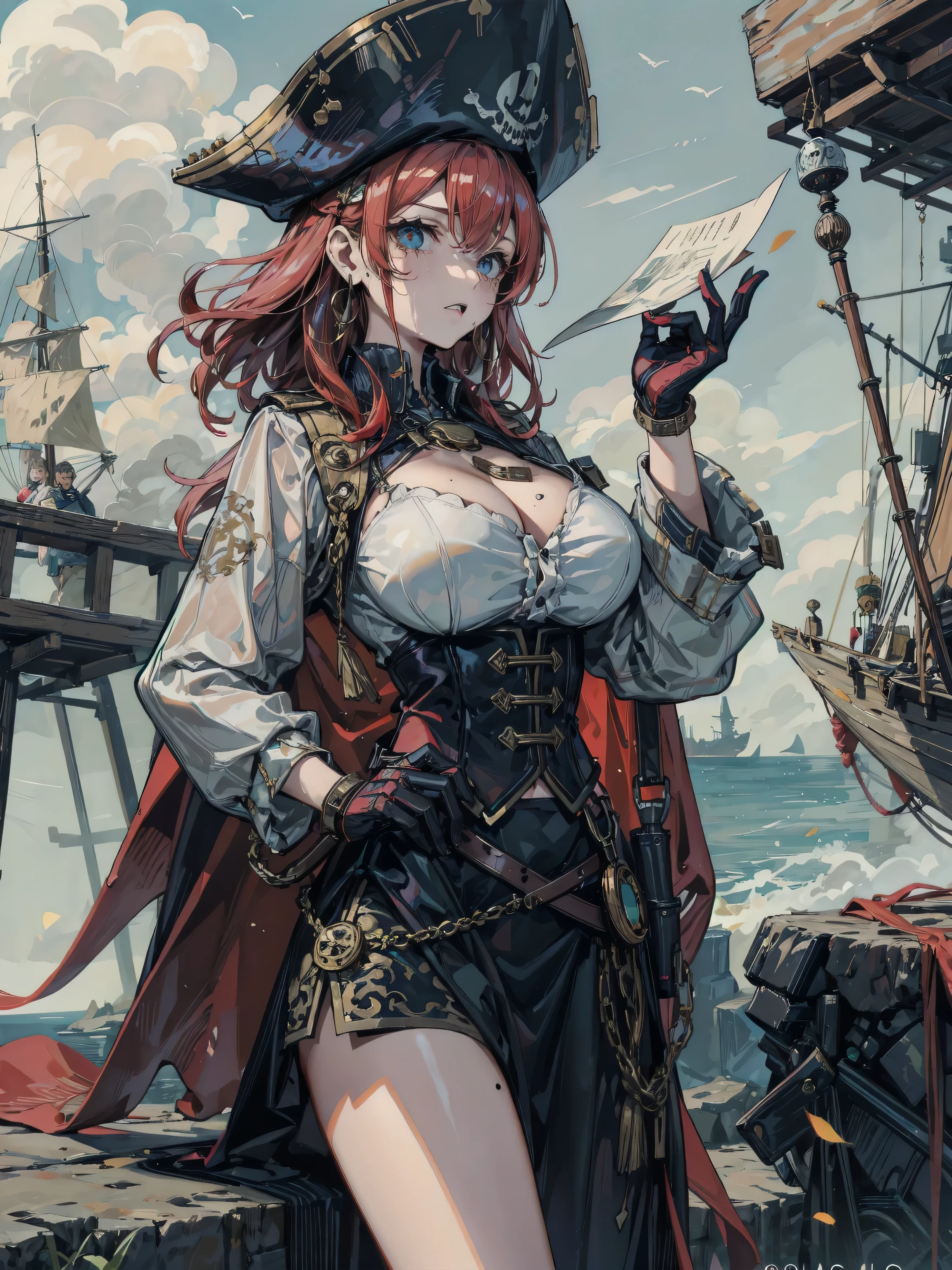 (style of John William Waterhouse), style of David LaChapelle, style of Candida Höfer, young adult woman captain, large covered breasts, cleavage, (enchanting fantasy world), dramatic ocean backdrop, ((striking pirate outfit)), (bold and adventurous design), intricate corset with elaborate patterns, billowing highlow skirt, knee high leather boots, wide brimmed hat adorned with feathers, long flowing hair, sword at her side, standing confidently on the deck of a fantastical ship, mystical creatures in the distant sky,