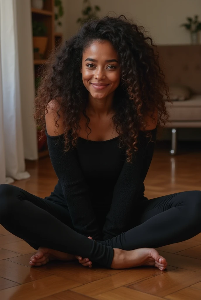Dominican Latina mom, chubby, tanned, sitting on the floor, wearing a sleeveless black blouse and black pants