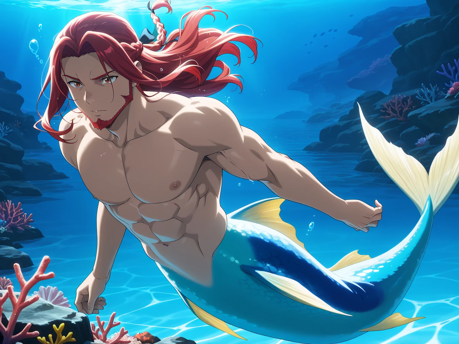 A male mermaid with red and white hair is sitting on the beach
