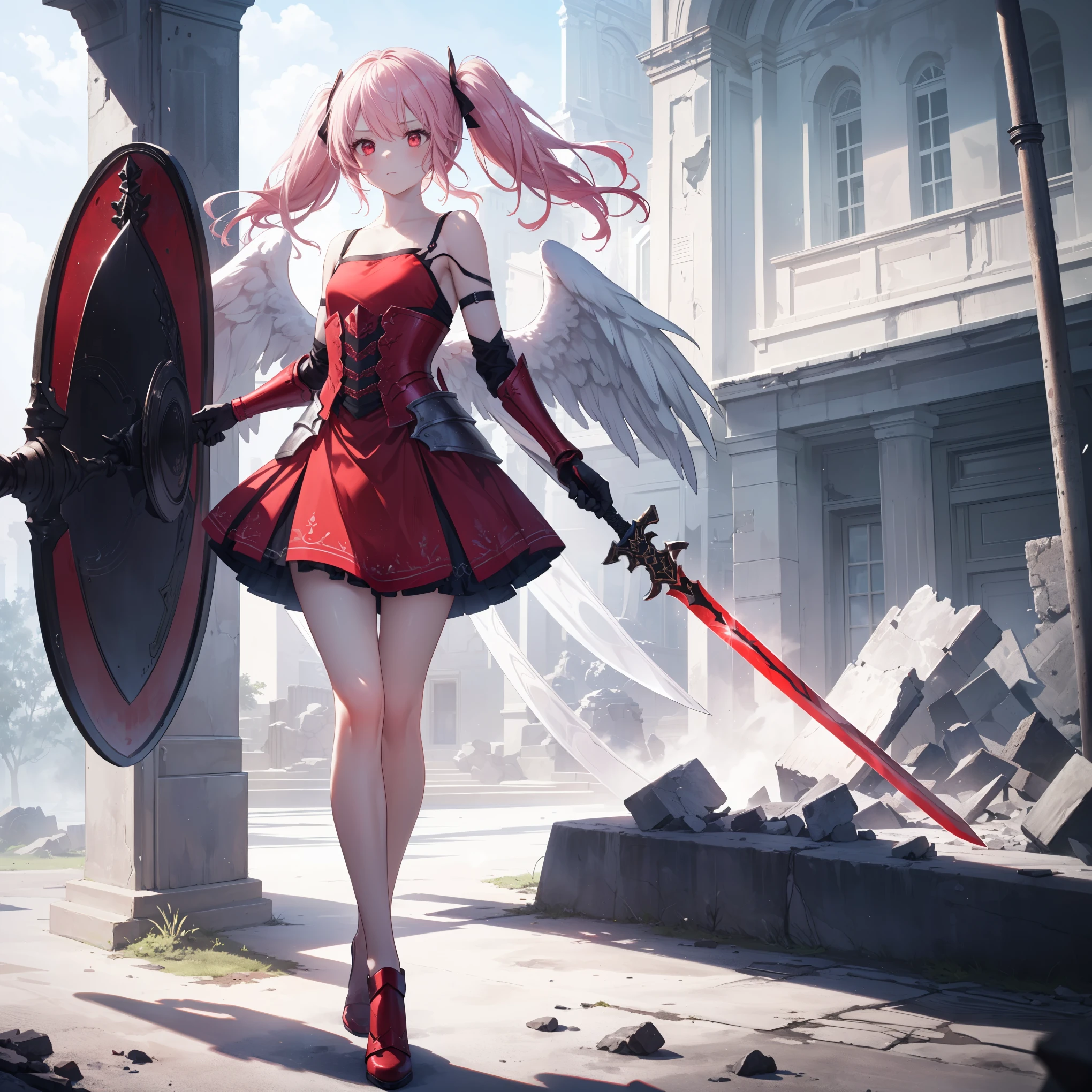 ((Angel girl with sword and shield)), High-quality, masterpiece, delicate hair, intricate eyes, high resolution, exceptional detail, photo-realistic, ((a single girl, full-body depiction, cute girl, beautiful girl, long pink hair, twin-tails, red eyes, angel wings, realistic, face, small chest, crimson armor dress, red shoulder armor)), removed silver-haired white man, ((proper hand anatomy:1.4)), ((proper body anatomy:1.4)), ((proper leg anatomy:1.4)), ((Proper anatomy of a sword in the hand:1.4)), ((red sword and red shield:1.4, red gauntlets, bare shoulders, detailed red armor, jewels, bustier, red skirt, mini-skirt, intricate details, short straps)), deep focus, high definition, very detailed, student, sharp concentration, cinematic lighting, daikon, long loose hair, upper body, ruins, strong shadows, ash, one girl, alone, ink wash painting, ink splattering, color splattering.