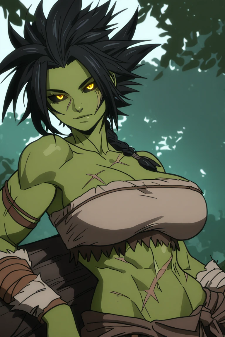 orc girl, greenskin, green skin, chainmail bikini, slave collar, collar, bracelets, anklets, orc female, orc woman, warrior female, womb tattoo, muscled girl, muscle, fit anime girl, masterpiece, ultra-high detail, , horns, sexy, muscled, plump, warrior girl, orc female..