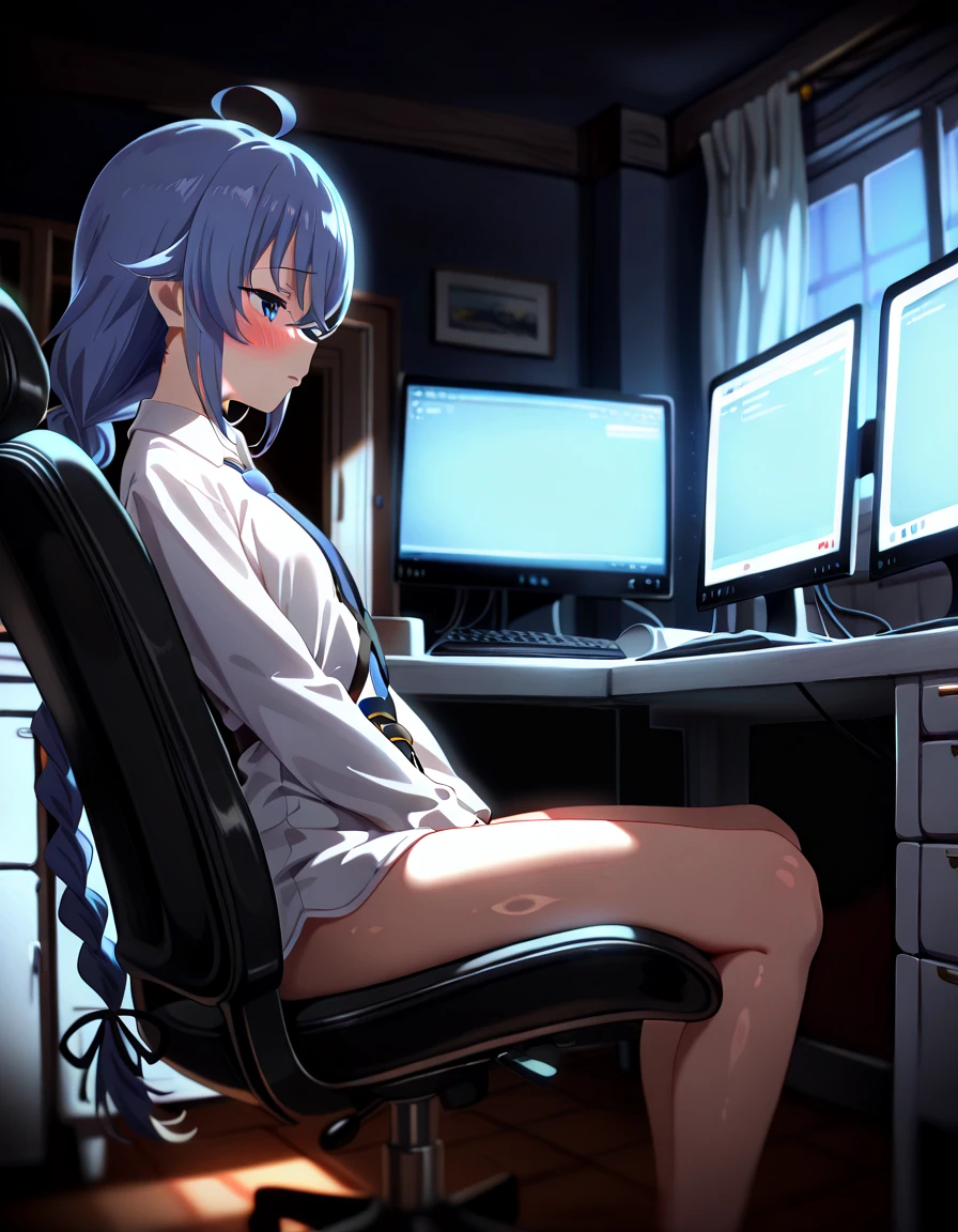 (Masterpiece), Best Quality, expressive eyes, a perfect face, Lustful girl, young girl, Naked, Absolytely Naked, Totalle Naked, in a cosy room, Computer light, Computer at the table, RGB lighting, night time, gamer, gamer Girls, Placements, Placements At The Chair, People Views