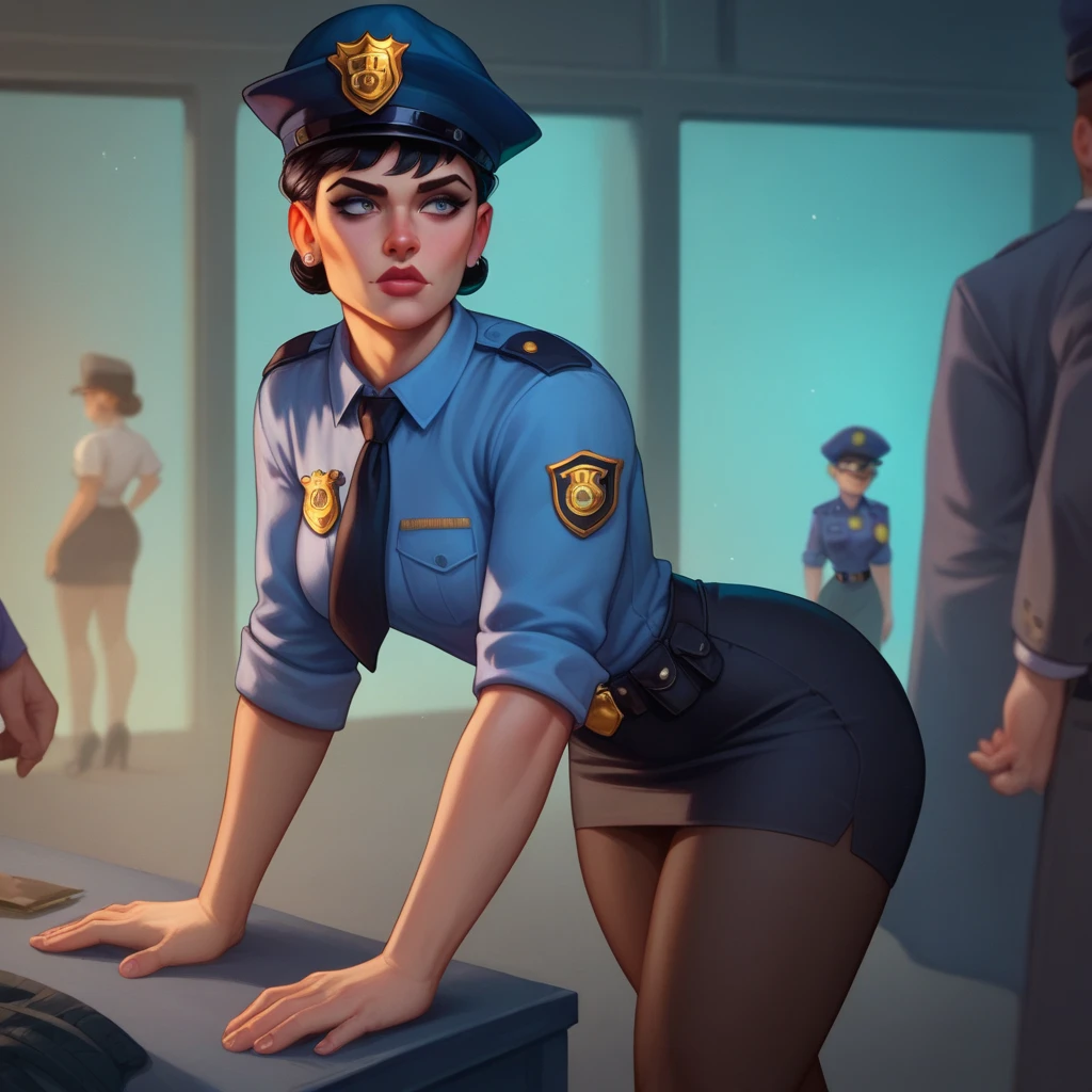 Femme caucasienne brune de 30 ans, policiere, en uniforme de police, kepi, badge de police, Sunglasses with mirror lenses, Serieuse metart, Lumiere naturelle, highly detailed, in an overcrowded police station, quentin tarantino action shot, action scene from the film, from a movie scene, perfect movie shot, Style Manara, mignon, mignon, cour::2, dreamworks cartoon, Peinture 3D, 35 mm, Grand Angle, Fujifilm, grain du film, profondeur de champ, Masterpiece