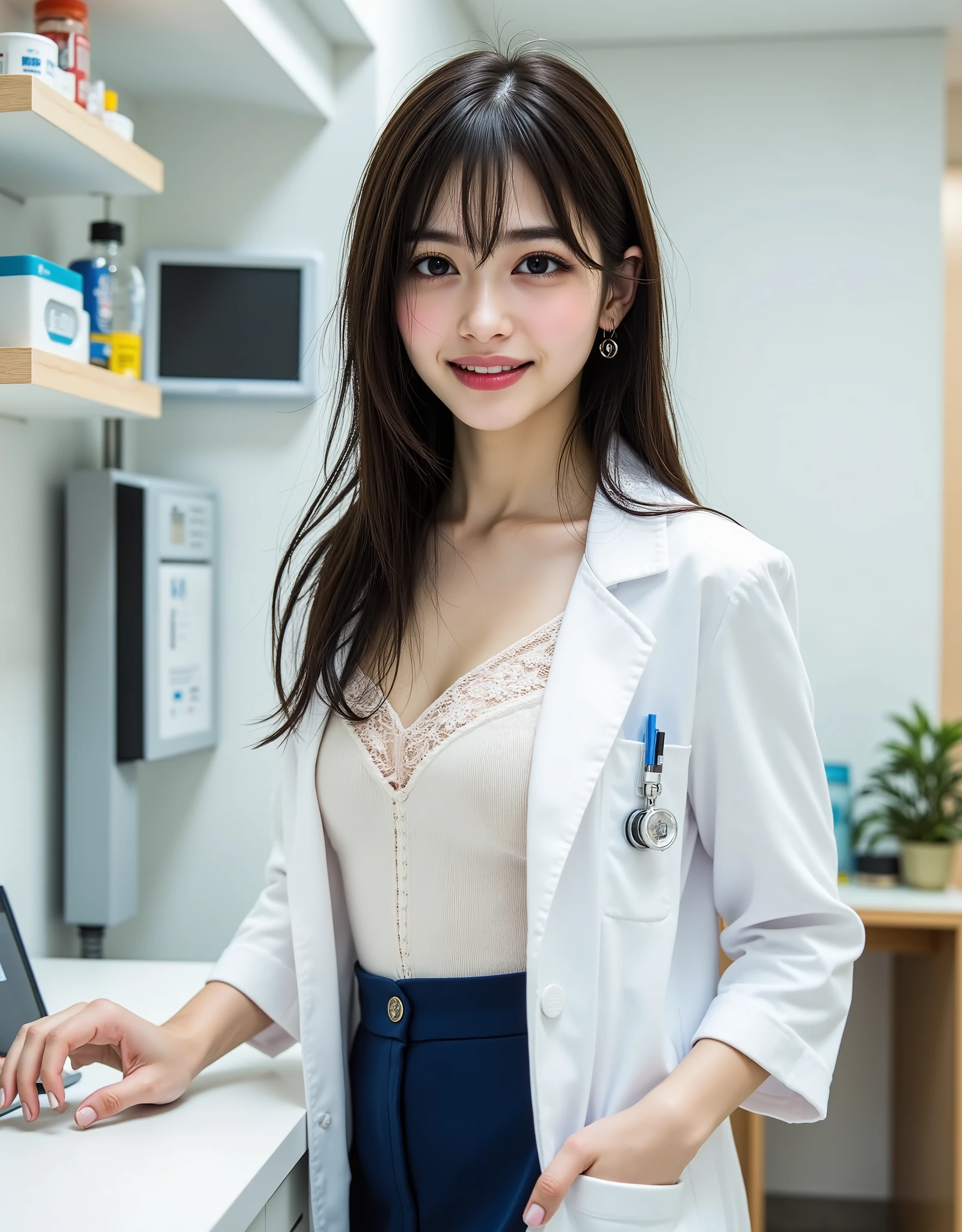 ((perfect anatomy)), (Canon), (EOS R5), (50mm), (((photorealistic:1.5))), ( No Lens Flare :1.5), ((超high definition)), (masterpiece), accurate,(realisticな質感の肌), Super Detail, high detail, high quality , Award-winning work , 最high quality, 32K, bitches line up in front of the motel, digital camera, Award-winning Glamour Photos , professional lighting,(SFW), ((最high quality:1.5)), ((masterpiece:1.5)), ((realistic)), ( super precise), Absolute Determination,((Correct limbs:1.8)), Good move,(perfect finger), high definition,realisticな影, Roughness, Real Life,((A very beautiful and pretty Japanese woman:1.5)), (( Beauty of Japan's Top Actresses )), ((Upper body shot seen obliquely from the front :1.5)), ( upper body shot seen from the side :1.2), (( upper body shot from head to knee :1.8)), ((A beautiful and intelligent 27-year-old Japanese doctor)), over the age of 25, ((Very sexy and beautiful doctor woman)), A beautiful and luxurious examination room in a hospital, (Internal medicine examination room), Height: 163cm, slim figure, (long black hair), beautiful shaped big bust , F Cup, cleavage of bust visible, ((A very cute smile with some teeth showing:1.5)), ( alone:1.5), ((Only one person in the examination room)), ( show your hands as little as possible ), (brown eyes:1.9), ( Detailed depiction of extremely realistic skin ), (Highly detailed, realistic eyes:1.9), ( extremely beautiful long realistic eyelashes ), (Highly detailed, realistic eyebrows), (丸いbrown eyes :1.8), ( beautiful catchlight on the eyes), (Realistic lips with moisture ), (Neatly aligned white realistic teeth), ( Beautiful and Detailed Face :1.6), ( hourglass shape:1.6), (Wasp waist :1.5), (Perfectly round and beautifully shaped breasts:1.8), ( clearly contoured cheekbones :1.5), ( textured skin by Mr. Nomi :1.8), (Healthy body :1.8), (Narrow shoulders:1.9), (is staring at the viewer), (enchanting gaze), (Beautiful, natural-looking hands), (Beautiful natural colored nails of beautiful length), ((Wearing a doctor's white coat open at the front)), ((A white doctor's coat, white coat)), (((Under her white coat she wears an off-white blouse and a navy blue skirt:1.8))), (One black ballpoint pen and one red ballpoint pen in her pocket:1.5), (((Her black tube stethoscope hanging from her neck:1.8))), (Sometimes putting glasses in her pocket), (medical pen light:1.2), (((The front of the doctor's white coat and blouse opens to show her cleavage and pale pink lace bra:1.8))), ( down blouse that shifts the chest:1.2), (She wears a stylish pink lace bikini-type bra), (((Sitting on an examination chair in the examination room:1.8))), (Smiling with hands on the desk in the examination room), (Sometimes standing by the desk), ( half up black hair:1.2), (Bright face), (charming smile), (Open your mouth a little:1.2), (Bedside in a private room in the hospital:1.3), (Large medical monitors, laptop, electro-cardiogram, Vital Signs Monitor, Sphygmomanometer:1.5), (Medical equipment lined up, Mr.々 medical equipment ), light on face ,Dreamy and shy expression, Attractive cuteness , seductive poses, stylish style, Glow effect, Bright dynamic lighting that makes her skin look beautiful, accurate手の形, accurate指の形, accurate指の数,5 fingers on one hand , ( color temperature 5500K )