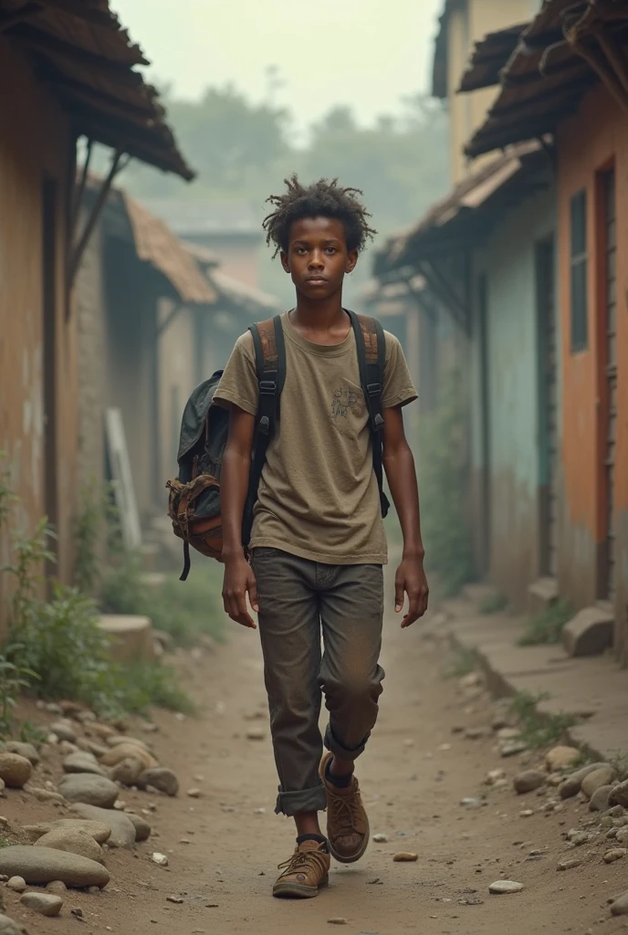 Image of a black male quilombola boy, 12 years old - wears a faded dark blue long-sleeved blouse - no pattern - short, curly hair - wears faded Matte Red pants - lives alone, runs in the forest - DOESN'T wear shoes - bare feet - faces away from the camera - lives alone inside the forest - narrow ground steps barefoot in the undergrowth - bamboo forest floor-