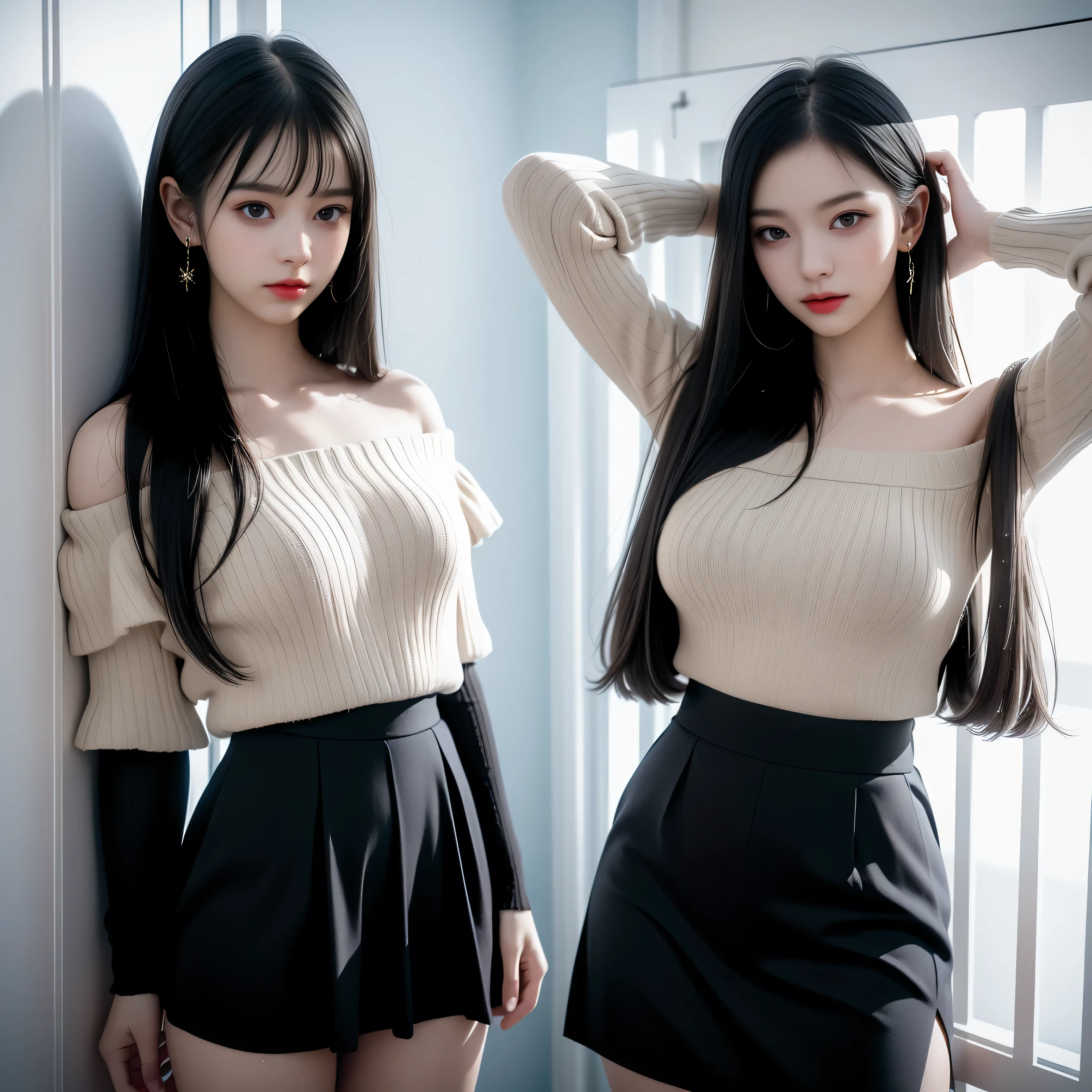 (masterpiece:1.3), (8k, photorealistic, RAW photo, best quality: 1.4), (1girl:1.3), (solo:1.4), beautiful face, smirk, (realistic face), (ginger, short hair:1.3), (2girl) (black hair, long hair:1.3), beautiful hairstyle, realistic eyes, beautiful detailed eyes, (realistic skin), beautiful skin, (large breasts:1.1), (sleeveless blouse:1.2), (pencil skirt:1.2), (classroom:1.2), absurdres, attractive, ultra high res, ultra realistic, highly detailed, golden ratio, beautiful lighting,(two heads:1.2)