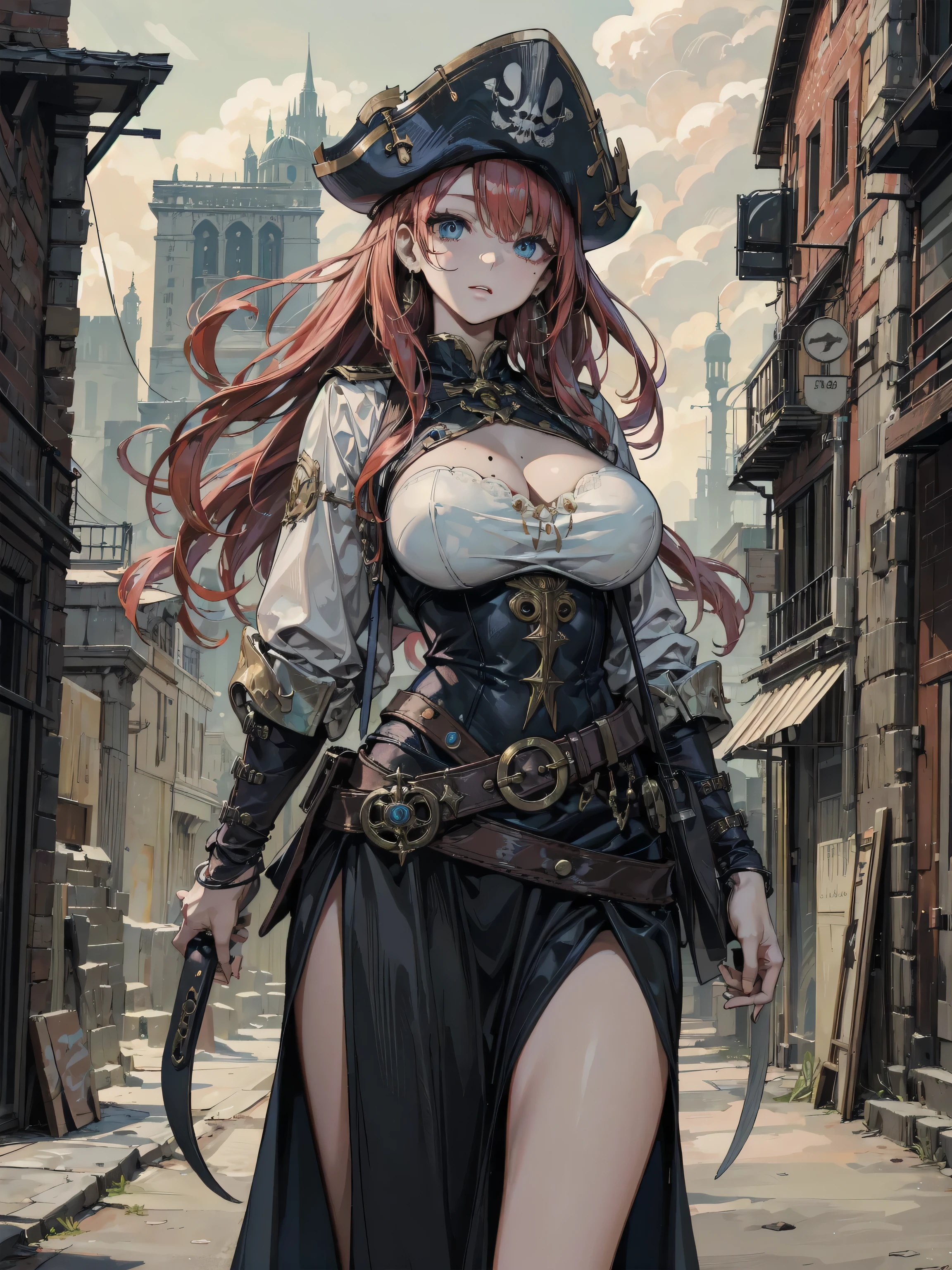 Lady of Alafed – Steampunk costume and hat pose, steampunk beautiful anime woman, red hair, blue eyes, sword, sexy, big breast