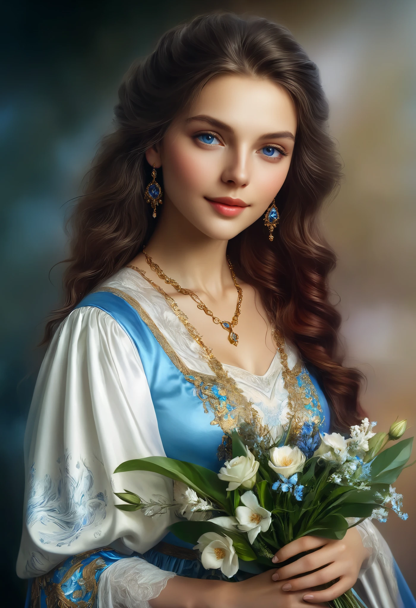 close-up of a woman in a blue dress, holding a bouquet of flowers, Beautiful Virgin, beautiful fantasy girl , beautiful fantasy portrait, beautiful fantasy portrait, fantasy portrait, princess portrait , fantasy portrait, beautiful portrait image, elegant digital painting , Very beautiful portrait , Alexander Kucharsky, in Boweter art style, Renaissance digital painting , beautiful digital painting