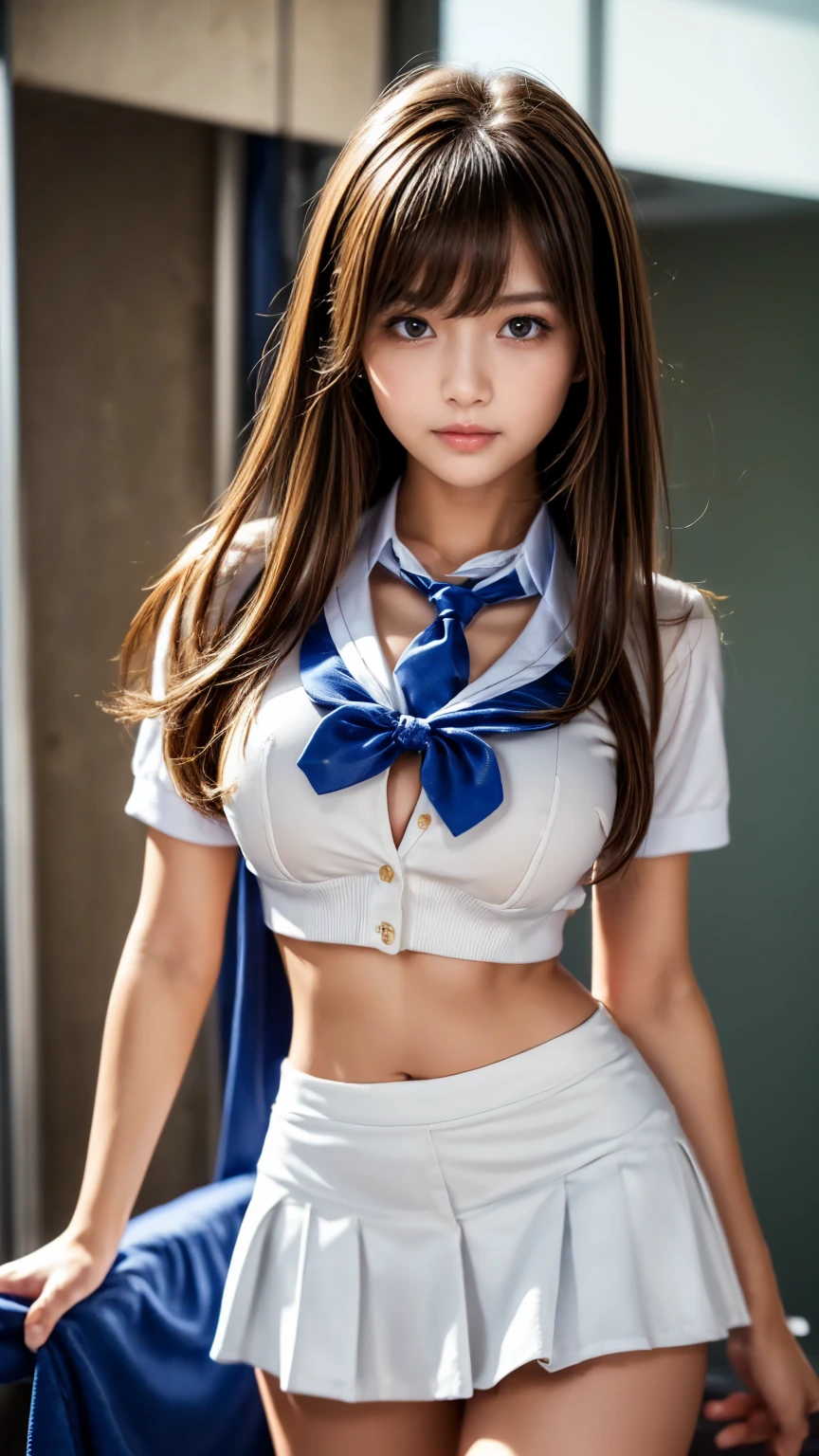 top-quality、masterpiece、独奏、perfect bodies、a beautiful Japanese schoolgirl、Japan gravure idols、sixteen years old、(Arched back)、skinny、Sexy schoolgirl uniform、Colossal tits、(((((underboob)))))、Lower breast、underboob,skinny、 (Sexy uniform with a slight view of the underside of the chest)、(Visible lower milk、Uniform with visible ribs and navel)、Super mini skirt with no panties visible 、Uniform without sleeves、(Happy smiling face)、Happy smiling face、((looking at the viewers))、Blushing、shinny skin、school classrooms