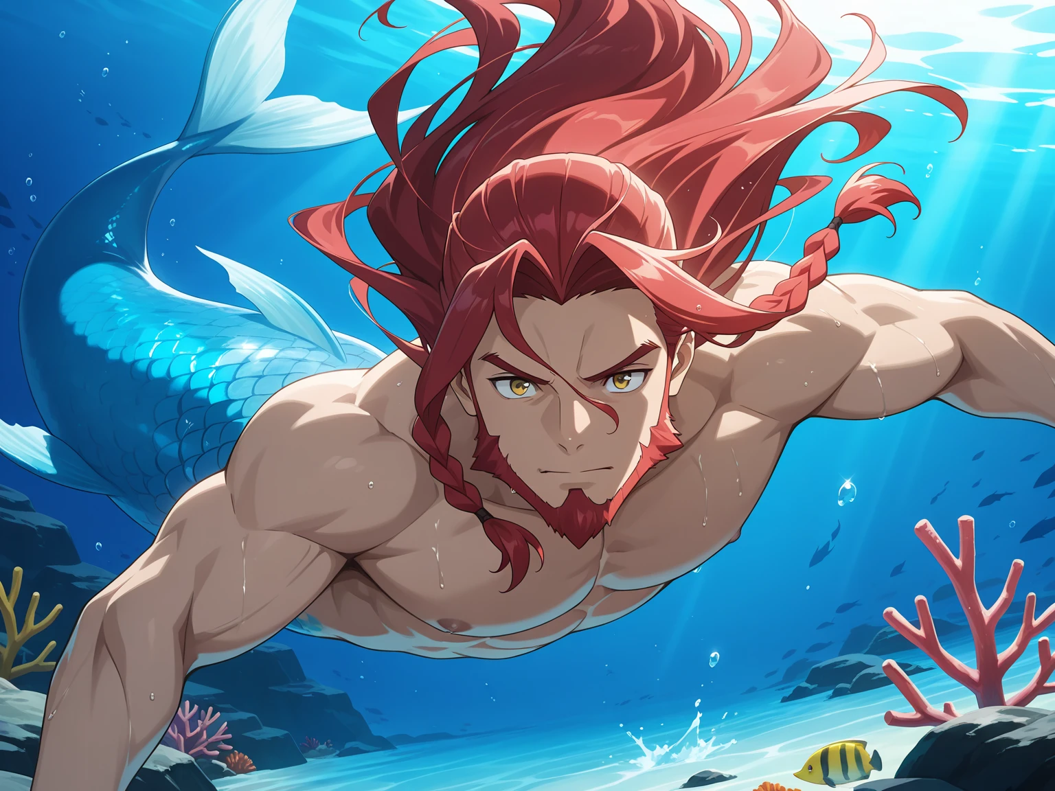 Ultra detailed, HDR, Highres, absurdres, master piece, Eustass Kid, red hair, expressive yellow eyes, red lips, without shirt, bare chest, toned chest, One Piece, sexy man, handsome, flowers, petals, fantasy, magical, green leaves, solo, best quality, glittering, sensual, horny, water, beach, handsome smile, close up