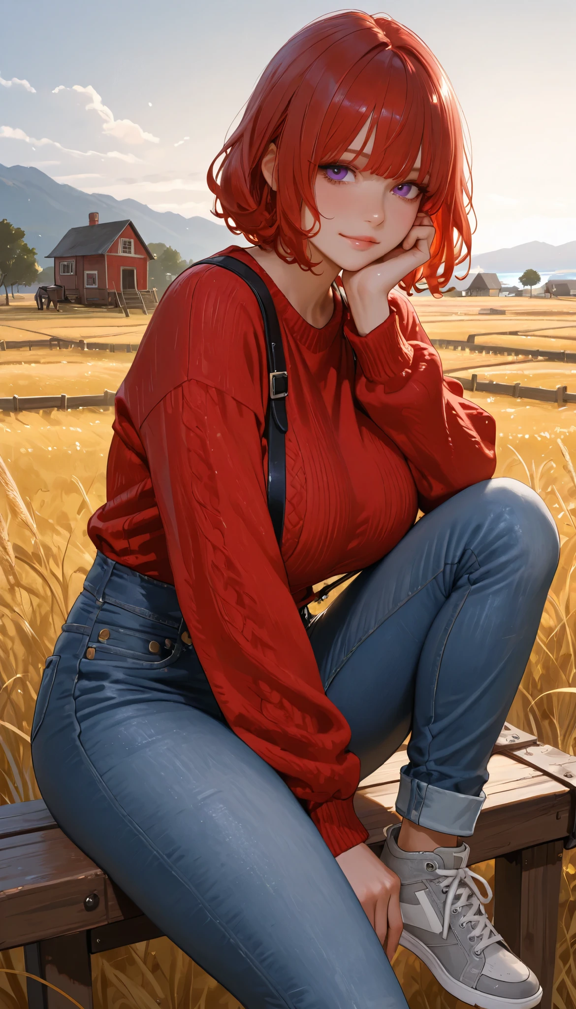 (sfw:1.5), (realistic), (masterpiece, Best Quality, High resolution, detail hands, detail fingers, detail face, detail leg, perfect lighting), (1girl, solo, detail girl, 20 years old girl), cute girl, (red hair, wavy hair, bobcut, wavy bangs, purple eyes, large breast), (red summer sweater, jeans, suspenders, gray sneakers), (fantasy, island, farm), (sunny), (stroke horse on muzzle)