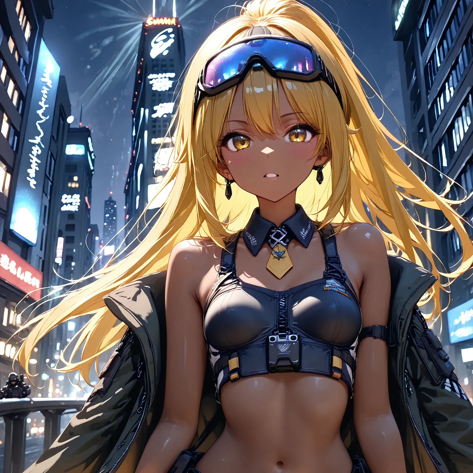 Beautiful woman, slavery clothes, blond, (leathery), revealing, sensuous, Skinned, ((アニメ)), illustration, full colors, foto perfil, Akira Toriyama style, toei animation, in a city at night, (cyberpunk style), medium breasts, breasts small, opaque colors