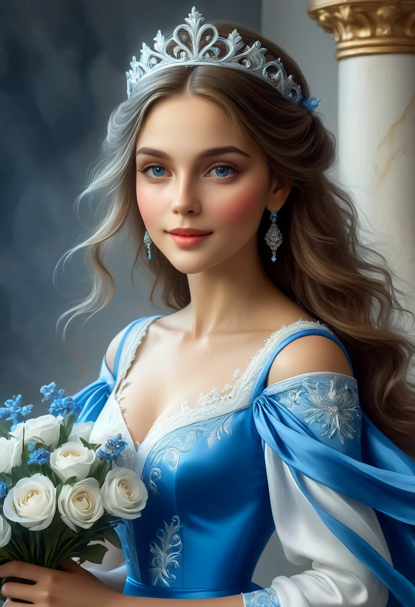 ( volumetric lighting), ( Contour lighting ), Woman in blue and white dress, holding a bouquet of flowers,  elegant digital painting ,  princess portrait , fantasy portrait, beautiful fantasy portrait, beautiful fantasy portrait,  princess portrait painting ,  Renaissance digital painting ,  in Boweter art style, fantasy portrait,  high quality portrait  ,  digital illustration , beautiful portrait image, Beautiful Virgin, digital fantasy portrait,  Masterpiece : 1,2k,  high definition , highly detailed portrait,  best quality
