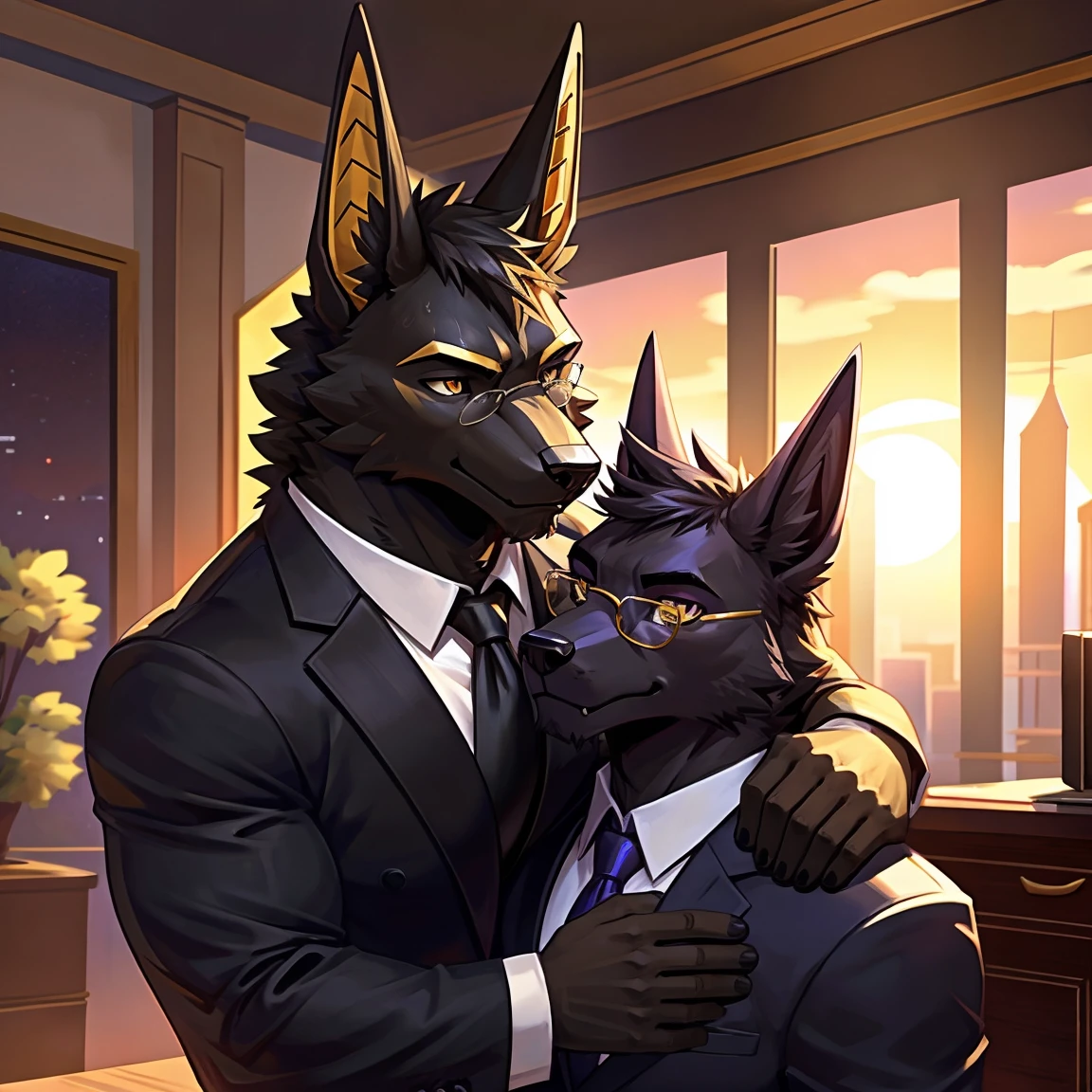 Hyena, anthro, in social white shirt, red tie, black pants, social, belt, black belt, By mystikfox61