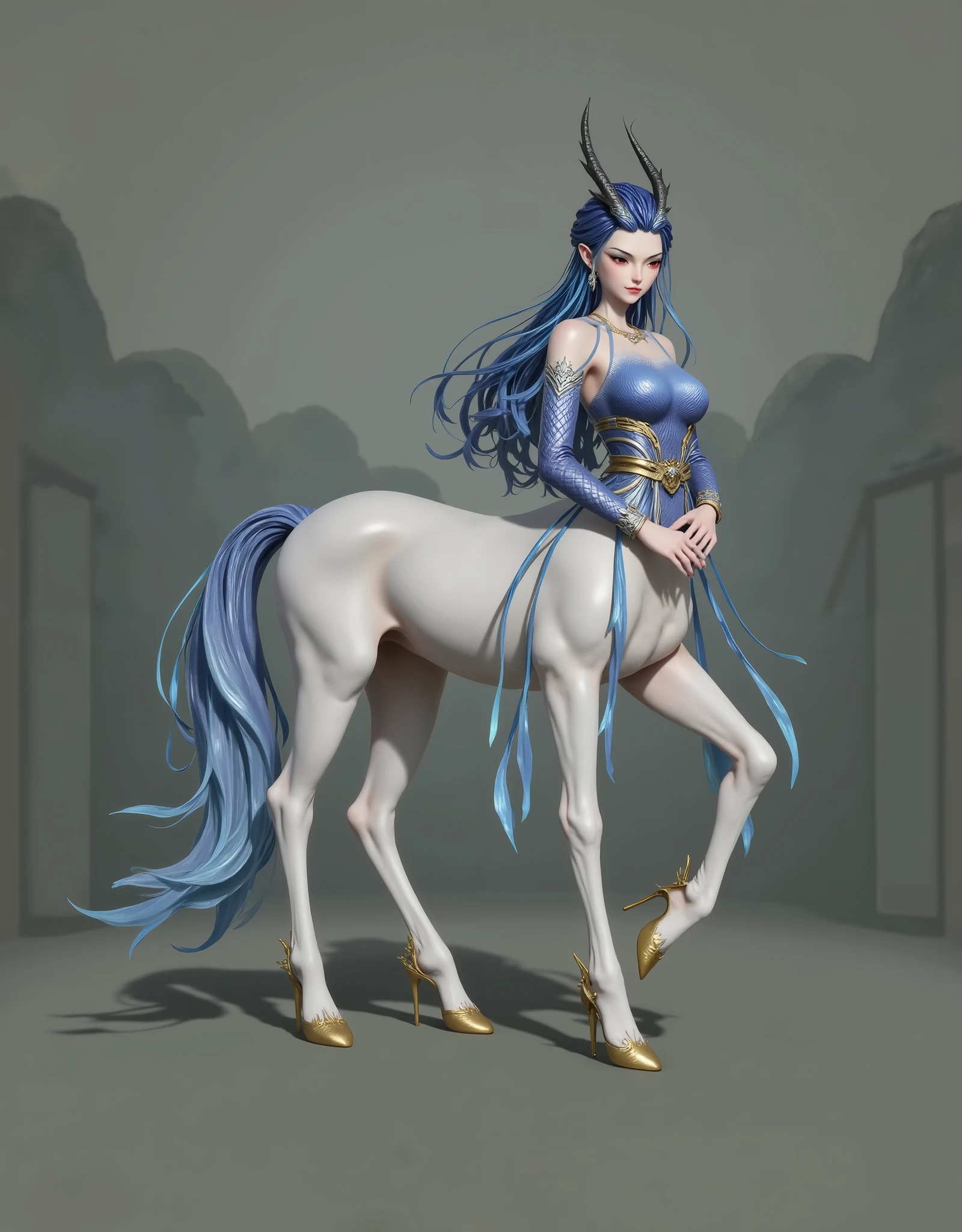  masterpiece,( Highest quality:1.3),Centaur Girl,  Lola:Centaur GirlV1.0:0.6,(Icefield:1.3),( the head is attached to the body 1  ：9：1.3)  8 heads connected to the body  ，  Ancient Chinese Armor  ，Nacha 2 character Ao Run， long ponytail，Dragon Girl，（ blue hair）（Blue clothes 1 .5）Very long ponytail ，Flowing ponytail（cos Jiro God ）  Correct human anatomy  ， blue hair（  beautiful fairy  ，Elbow pads，Watches，golden boots，）Full body blue costume，  Ancient Chinese Armor  ，Elegant ，Image Background: Ancient Chinese Heavenly Palace ，Mythological background， The lucky star is surrounded by colored clouds ， smooth skin  ， ， Perfect facial features ， full ，(  silver belt bracelet necklace  : 1.4)，(  silver crystal heels  : 1.6)， fair, translucent skin ， pale ，peach skin ， White porcelain-like skin ，