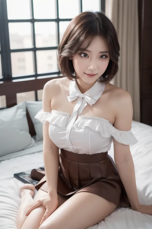 (8K, RAW Photos, Highest quality, Master:1.2), (Realistic, photo-Realistic:1.37), Super detailed, 1 Girl, cute, alone, Beautifully detailed skies, Detailed face, night, Sitting, Date, (Blushing), (smile: 1.1), (shut up), Big Breasts, Beautiful and delicate eyes, Button unbuttoned, (Collared shirt: 1.1), bow tie, Pleated skirt, (short hair: 1.2), Flowing Hair, Long eyelashes, eye shadow, Small face, Big eyes, Full Body Shot, Bare shoulders, indoor, bed