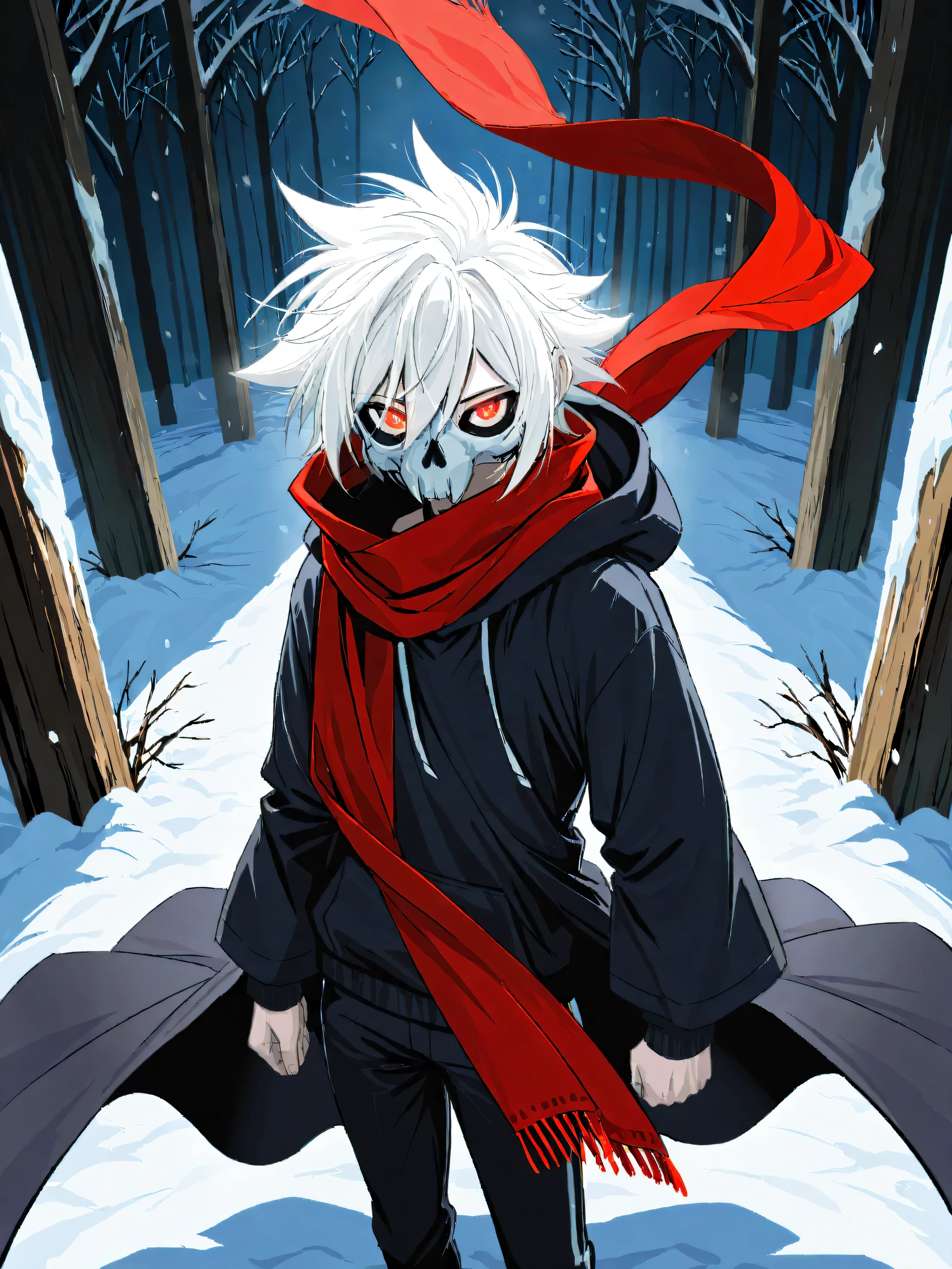 black hoodie, blue skull mask, white hair, red long scarf, tall, glowing yellow eyes, male, solo, standing, white skin, staring at viewer, snowy room, white large hair, fair skin, dark, black oversized robes, black pants, , best quality, amazing quality, highres, absurdres,score_9, score_8_up, score_7_up,source_anime,BREAK,masterpiece