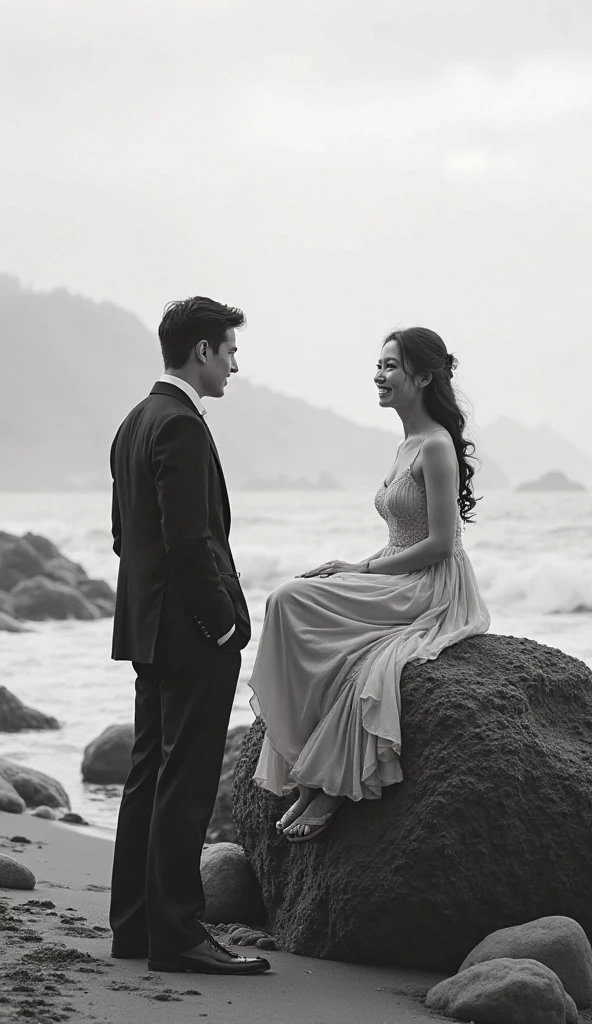 A couple in formal clothes facing each other with a stormy weather background at back