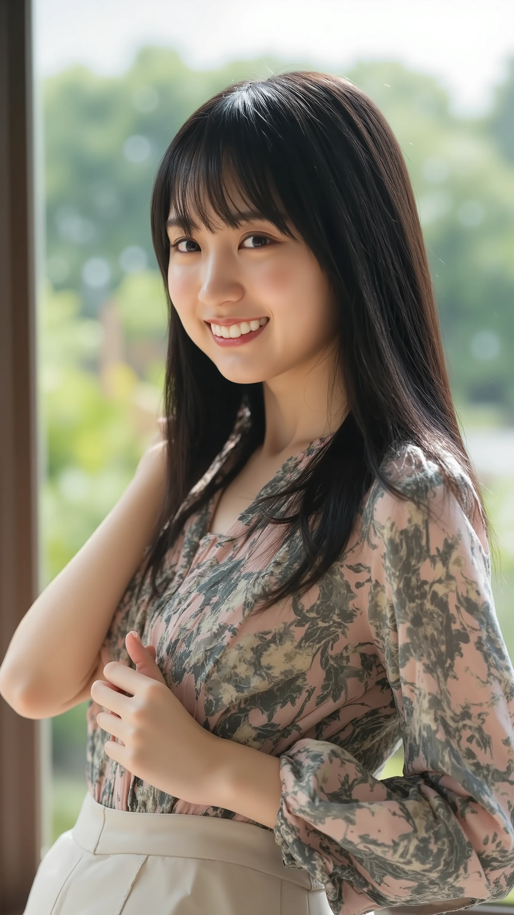 a high resolution photograph of a Japanese young woman, (photo-realistic, realistic, masterpiece, best quality), Intricate details, extremely detailed, ultra high definition, 8k, film grain, lens flare glow, sharp focus, professional lighting, profile, solo, 1girl, Kaki Haruka, straight long shiny black hair with bangs, smile, teeth, cute, looking at the viewer, seductive, beautiful, detailed face, detailed eyes, sophisticated nose, (detailed clothes features),
