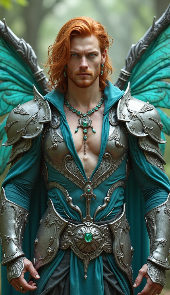 realisitic, work of art, details Intricate, detailed back ground, Depth of field, photo of a beautiful (European man)(emerald coloured eyes), fr4ctal4rmor, wearing a fractal priest's robe, (dynamic pose), ((posture of fight)), wings, Fantasy Background, film composition, sharp focus, lateral view, close up, Cross up,