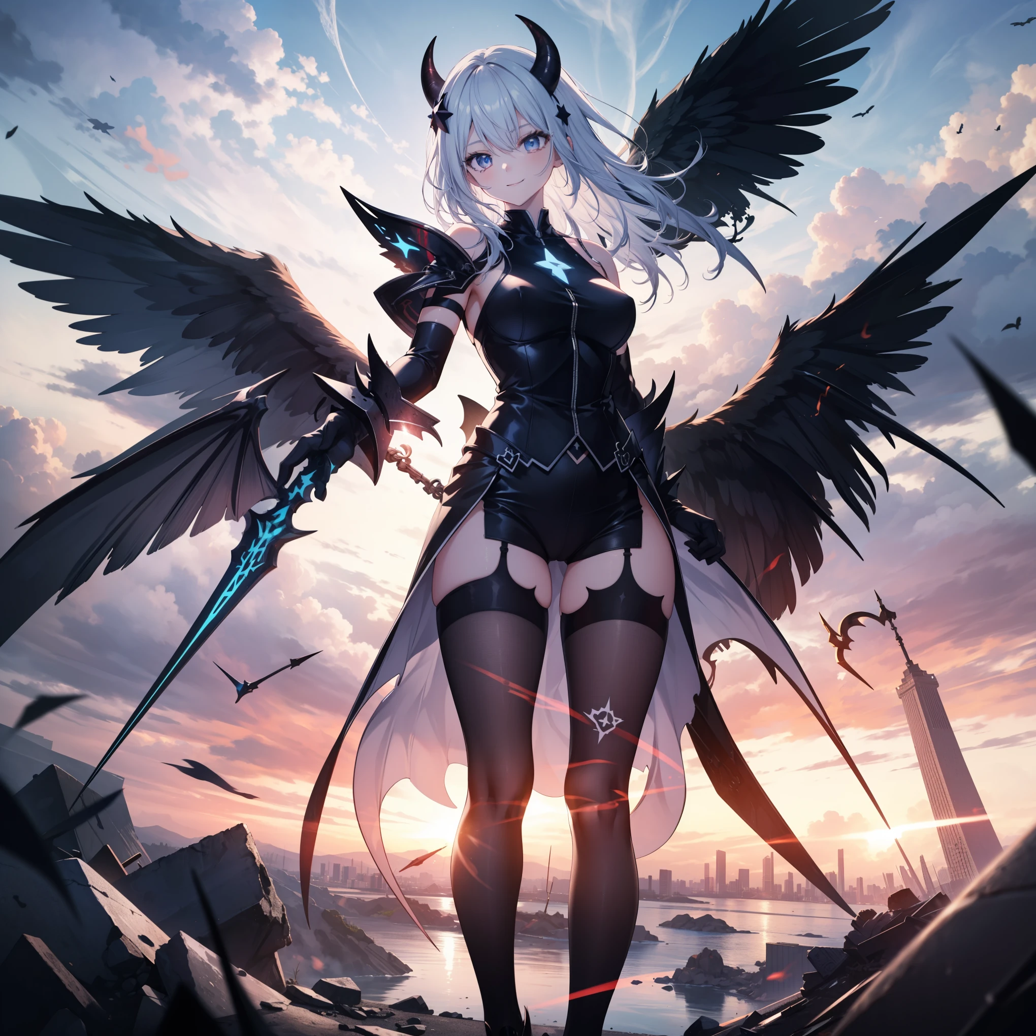 ((4K works))、masterpiece、(top-quality)、((high-level image quality))、((one beautiful women))、Slim body、((Black Y Shirt Fashion))、(Detailed beautiful eyes)、Crow on fantastic city background、((Face similar to Chaewon in Ruseraphim))、((shoulder-length hair))、((bright silver hair))、((Smaller face))、((Neutral face))、((Light blue eyes))、((Korean Women))、((18year old))、((Wild Lady))、((Wild look))、((Show your fangs and laugh))、((Korean makeup with black eyeshadow))、((elongated and sharp eyes))、((Shot alone))、((Fallen Angel))、((Fallen Angel Woman))、Photos of fallen angels、Villain、((amazing photo))、Photographed so that the whole body can be seen、horor、((There is a crow on the right shoulder))、Dark Proof、((Shot diagonally from the side))