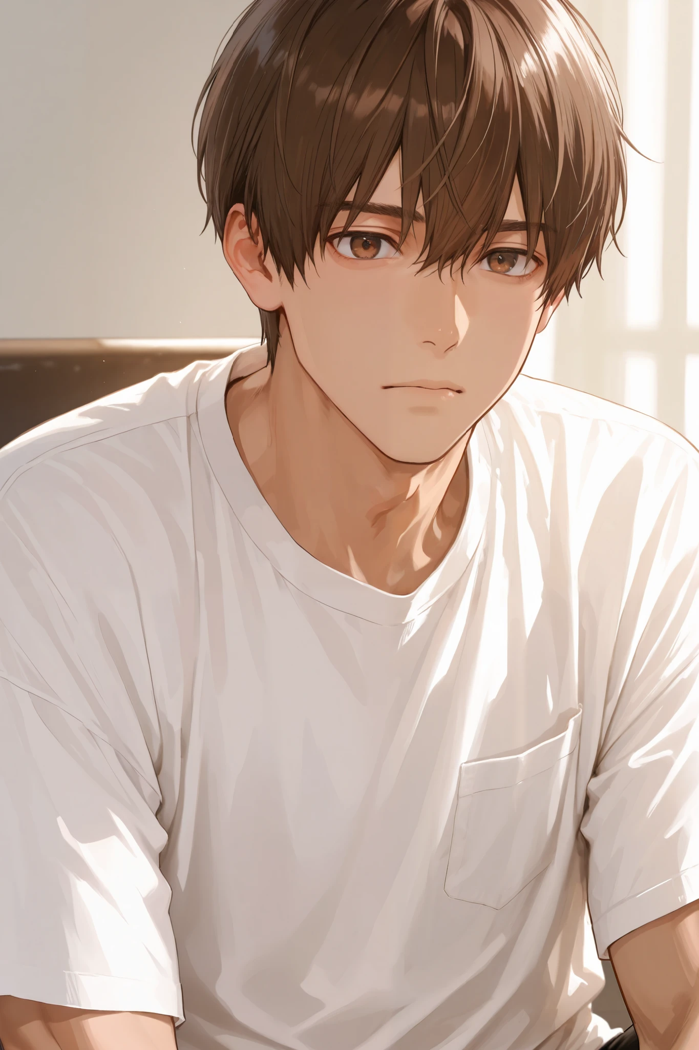 Solo, male, short hair, brown hair, brown eyes, white shirt, cool