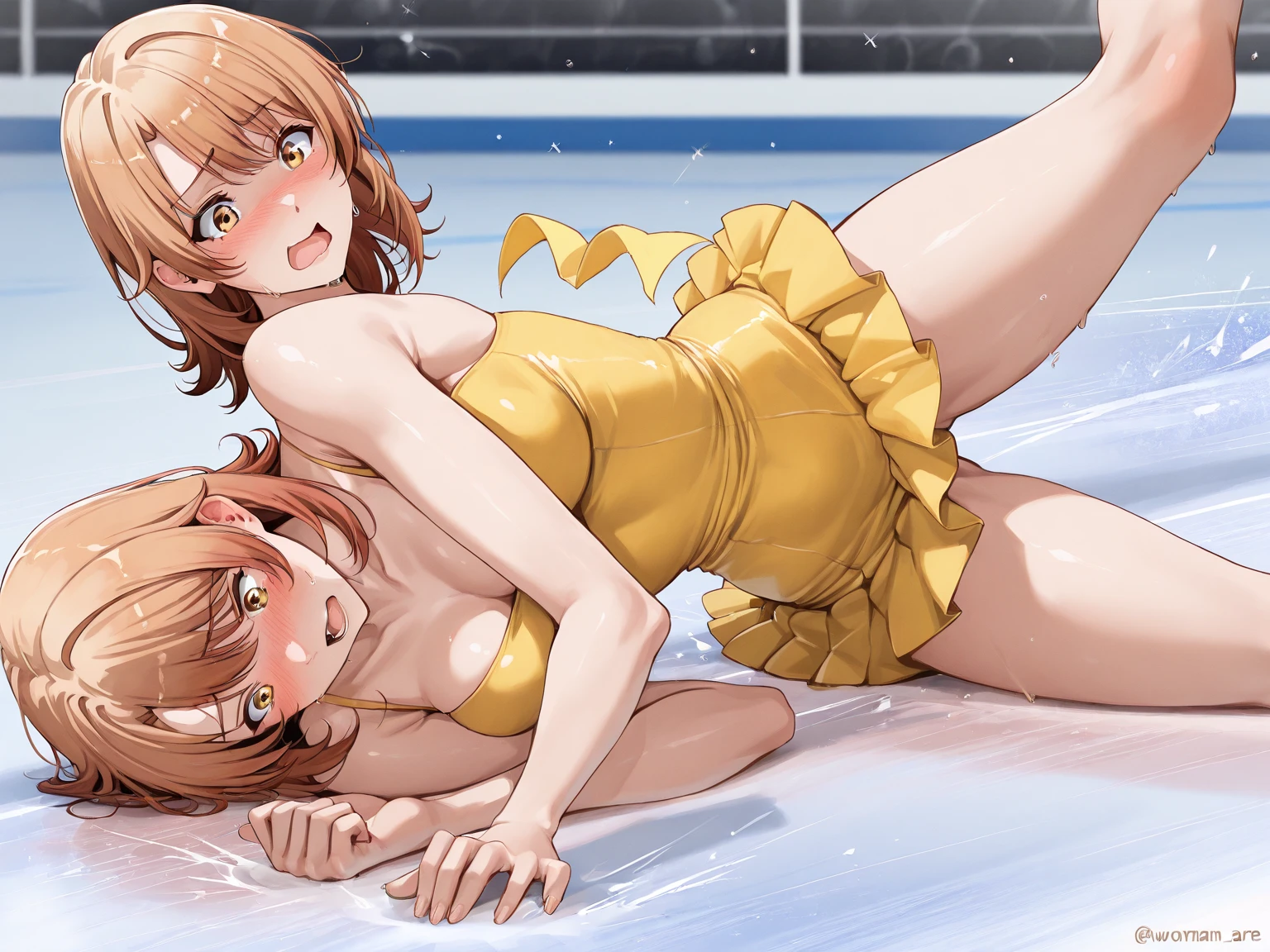 Highest quality,Highest quality,One girl,,Mouth closed,orgasm,blush, Sweat,Nanoha Takamachi,Takamati Nanoha,Twin tails,Hair Ribbon,((School Swimsuit:1.3)),classroom
