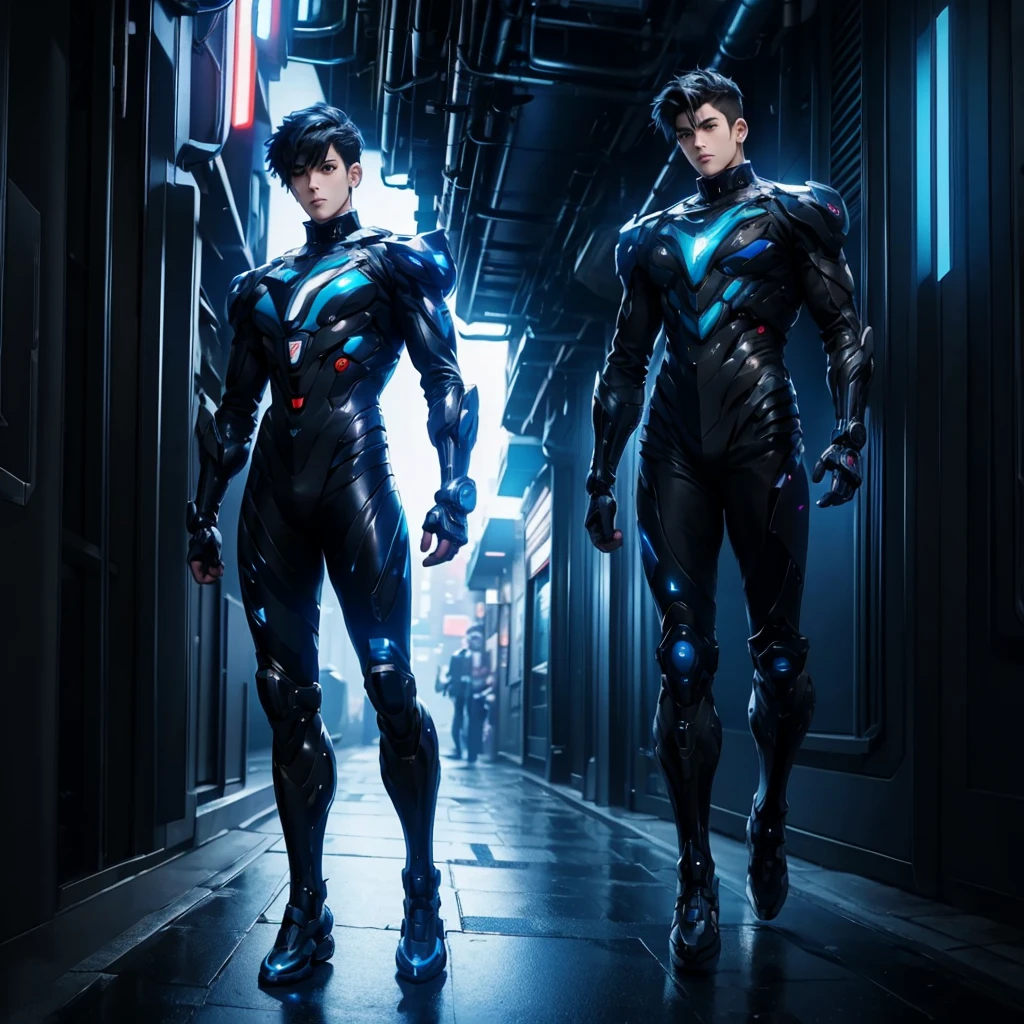Two handsome guys of the same height　Two handsome 18-year-old cyborgs of the same height 　　future　universe　Science fiction　The background is the galaxy universe　A very tight white and blue rubber suit　Plug Suit　Gloves　Both look at the camera　White mega bulge　Same height　　　　Two people with very short, black hair