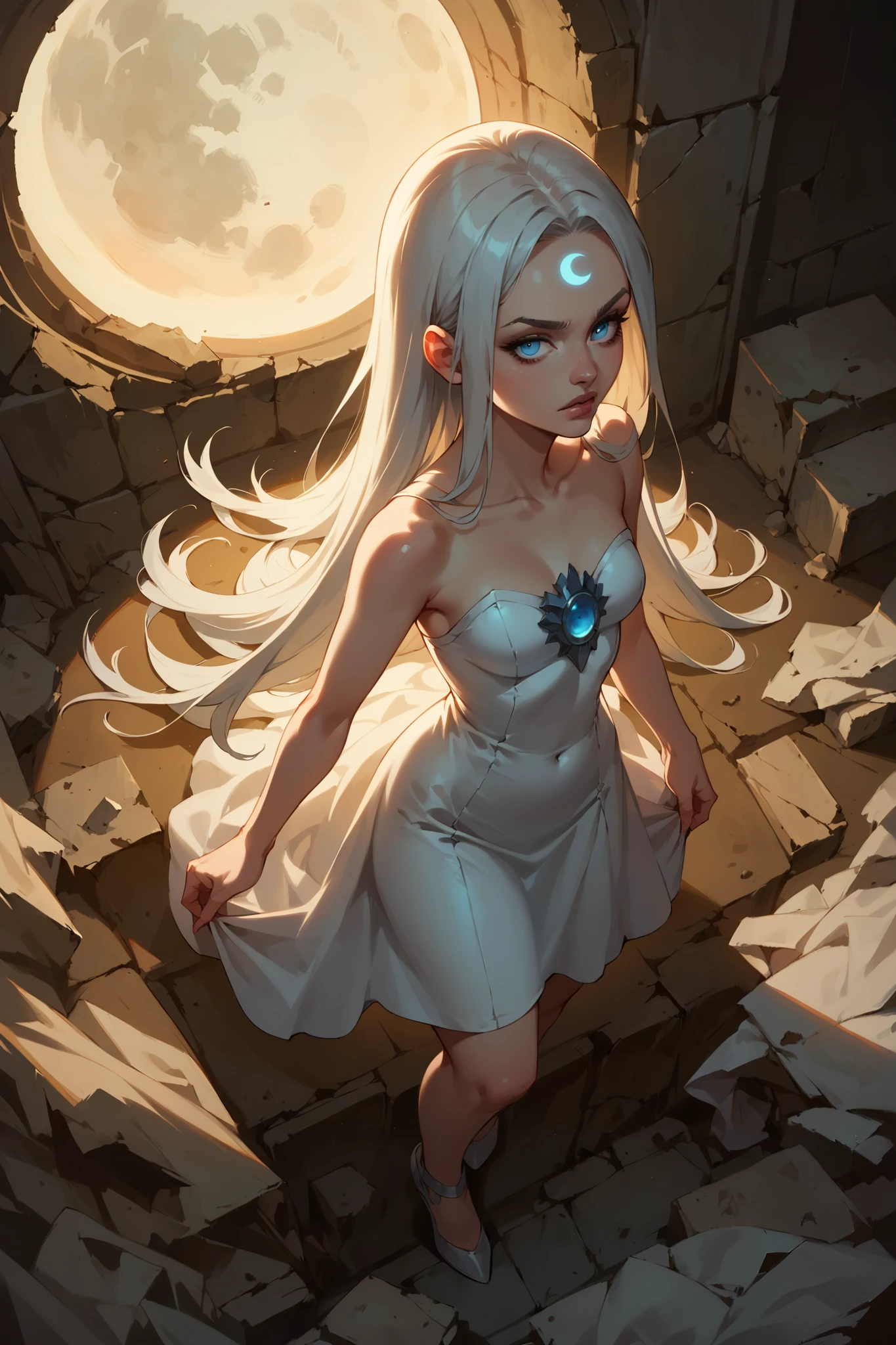 score_9, score_8_above, score_7_above, Cartoon of a female goddess, alone, Sensual, rascal, blue eyes, platinum hair , straight hair, long white dress , Moon accessory on your forehead, small breasts, thighs, standing, standing on a pile of rubble, atmospheric lighting, temperamental and courageous, Dark background, simple bottom